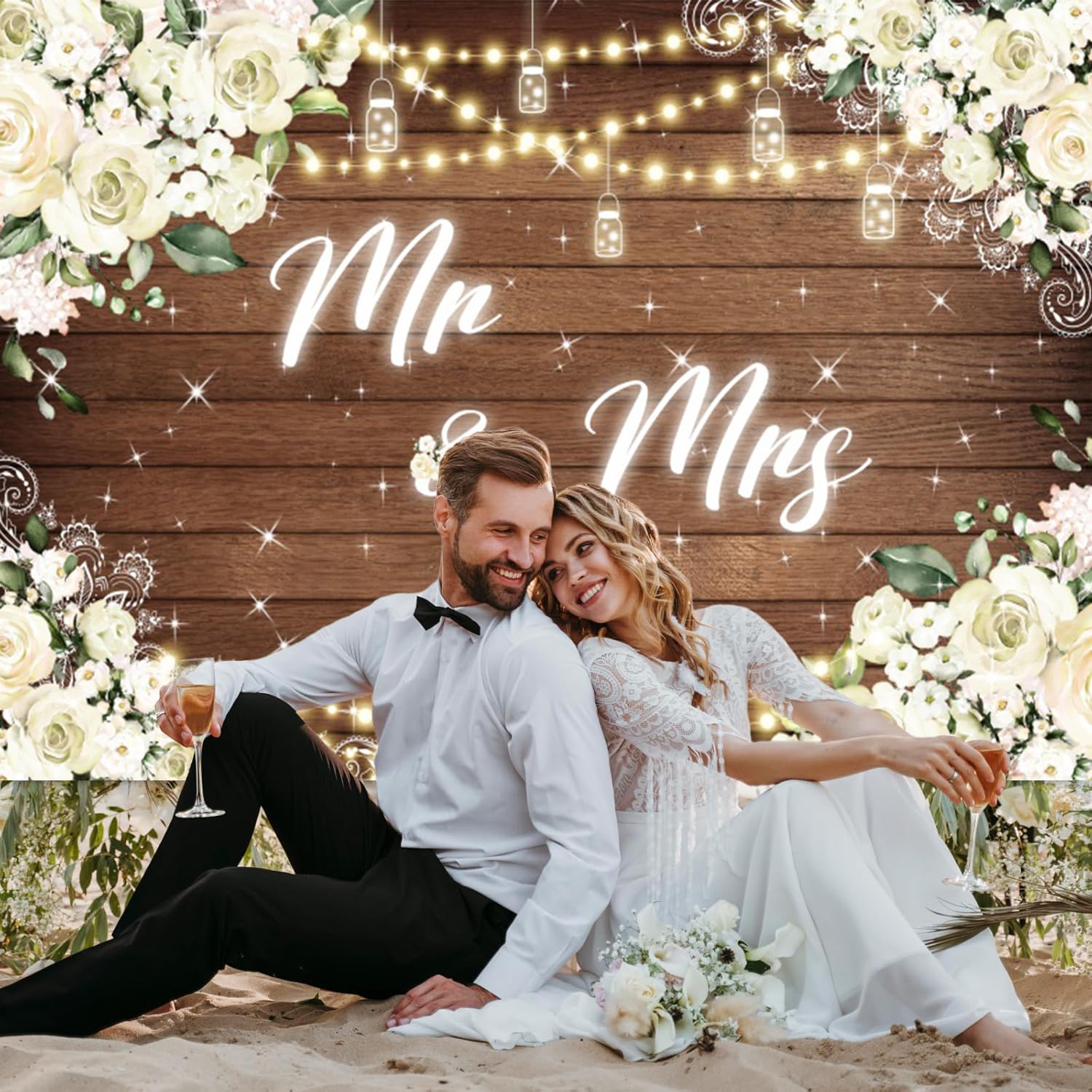 3.6x3m Mr & Mrs Hintergrund Weiß Floral Rustikal Holz Fotografie Hintergrund Braut Dusche Braut zu Sein Verlobung Hochzeit Party Dekorationen Banner Photo Booth Requisiten