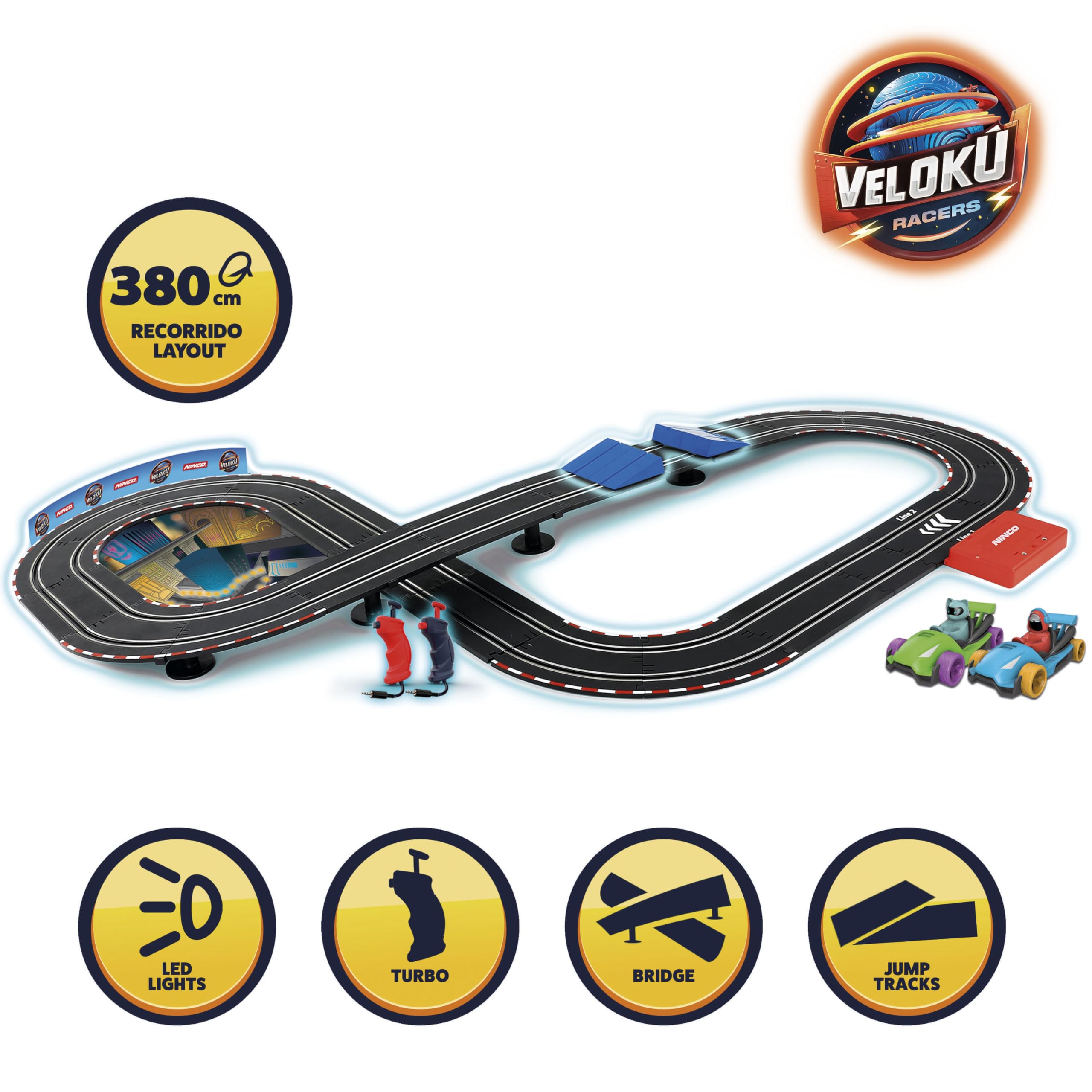 Ninco - Circuito de Slot | Velokú Racers City, Circuito de Coches Infantil con 380 cm de Recorrido, Divertidos vehículos con Luces y 2 Personajes, Diseñado para niños a Partir de 3 años (91021)