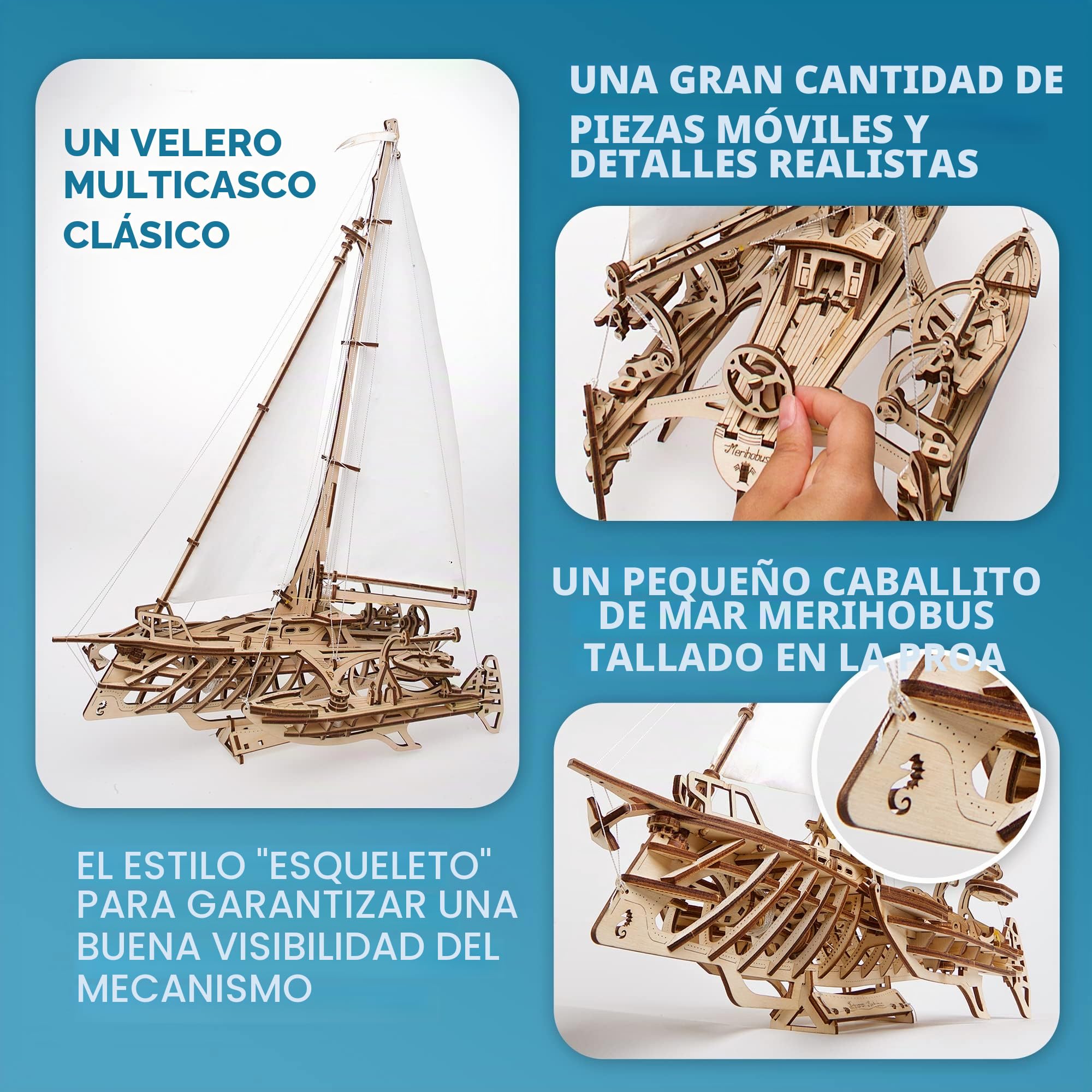 UGEARS Trimarán Merihobus - Puzzle 3D Modelo Mecánico de Madera DIY Maqueta para Construir el Barco