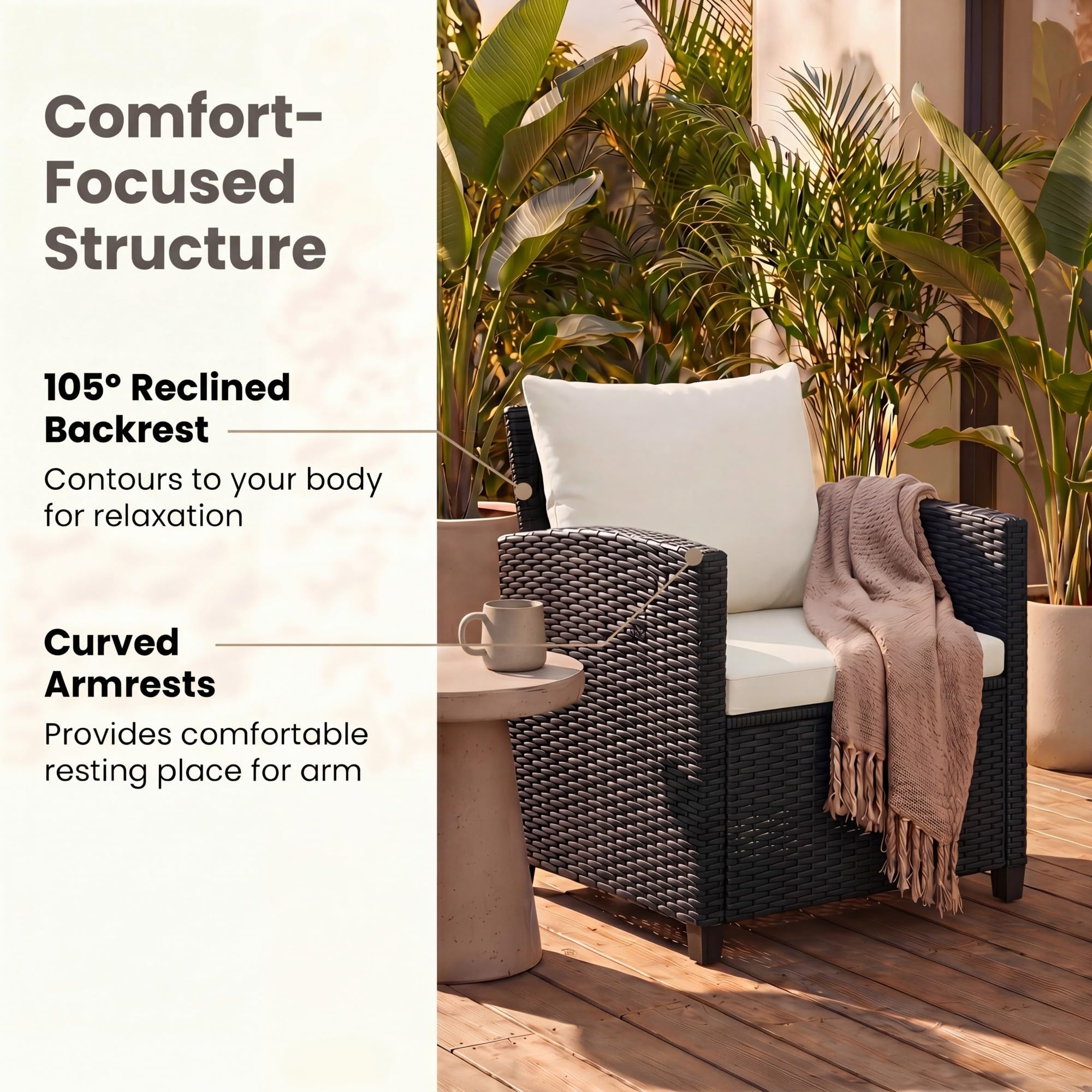 LIFEZEAL - Juego de salón de jardín para 2 personas, muebles de exterior de ratán PE con 2 sillones, cojines y mesa auxiliar de cristal templado, 3 piezas para balcón, terraza (negro+beige)