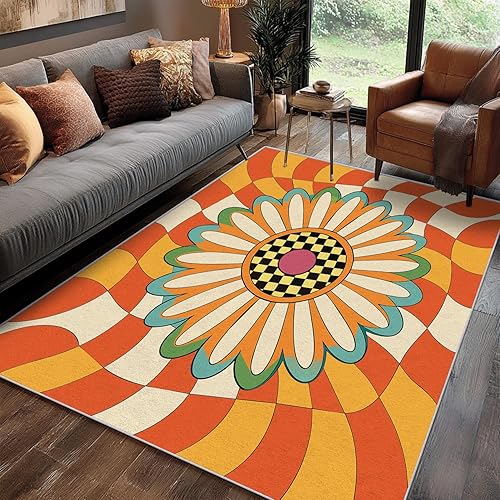 Miniatura 1 de 70s Small Rug 2x3 Retro Floral Checkered Pattern, Washable Entryway Bedroom Kitchen Doormat, 70s Retro Decor for Home, Soft Non Slip Indoor Door