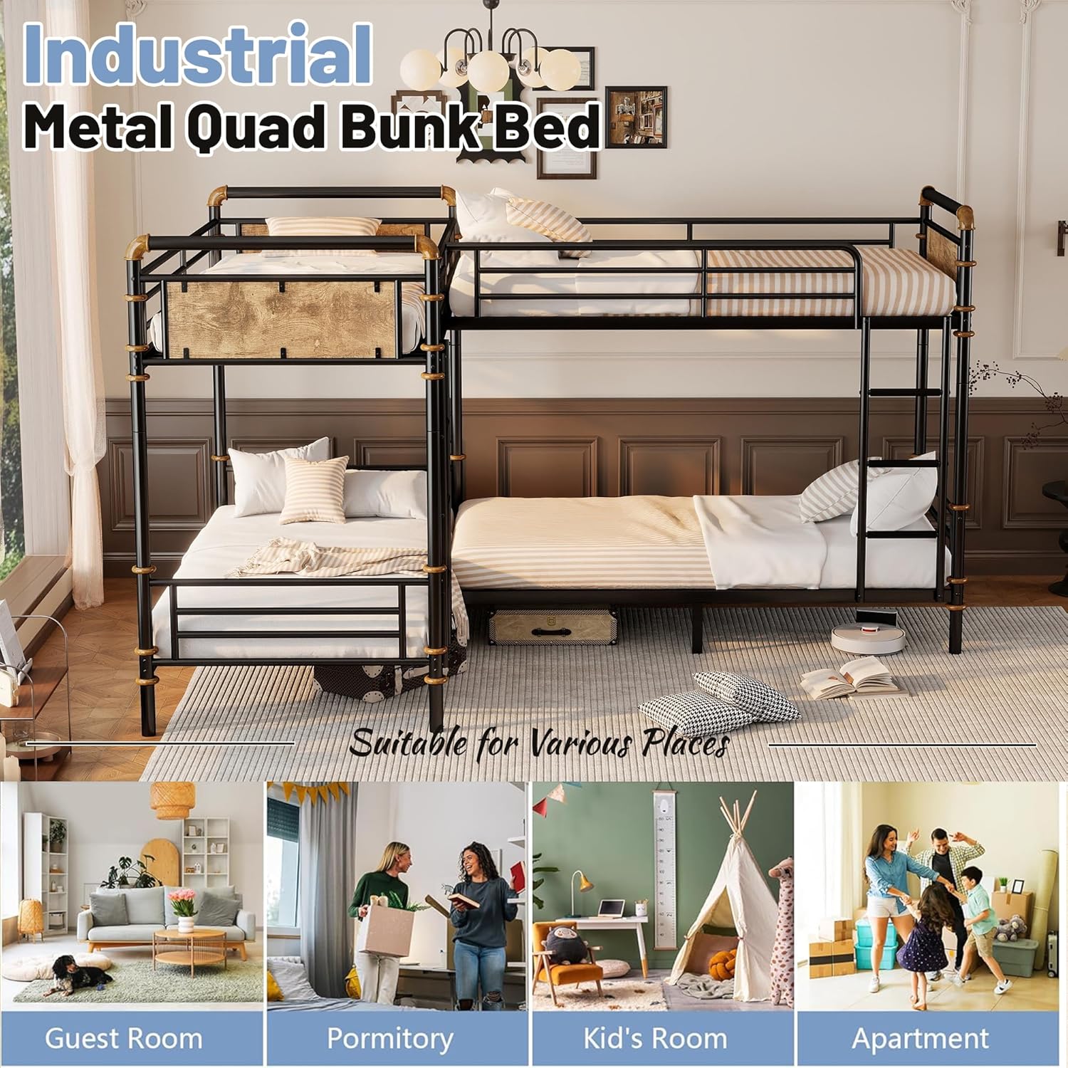 Quad Bunk Bed, Heavy Duty Metal 4 Bunk Beds for Kids with Ladders, Detachable Industrial L-Shaped Bunk Beds, Space Saving Design,Can Be Divided Into 3 Twin Beds, Black