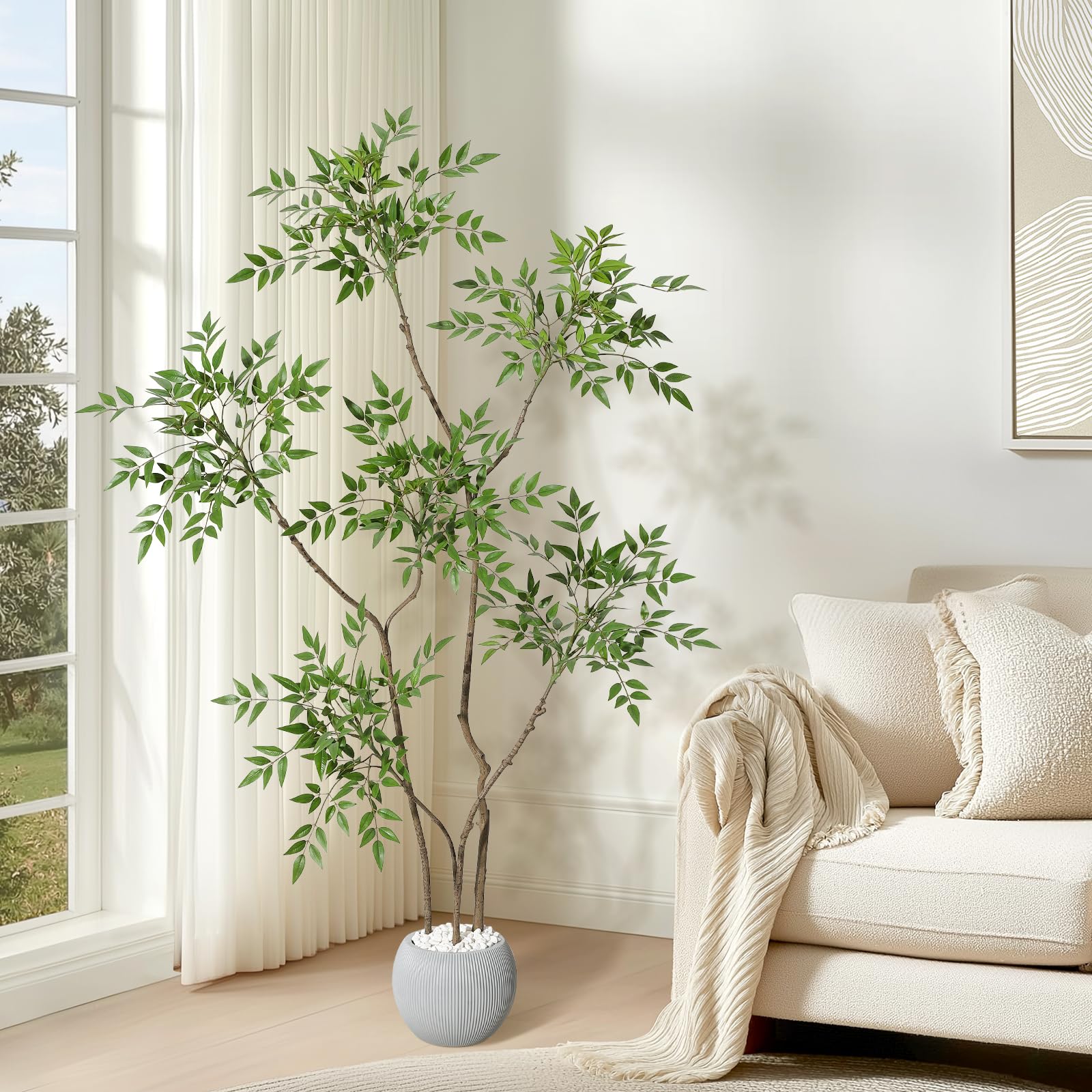 Garvee Künstlicher Mahonia Fortunei Baum 150 cm Kunstpflanzen, künstlicher Sumachbaum kunstpflanzen groß, kunstbaum Himmelsbambus mit Topf für Wohnzimmer,Zuhause,Büro,Terrasse,Badezimmer, Schlafzimmer