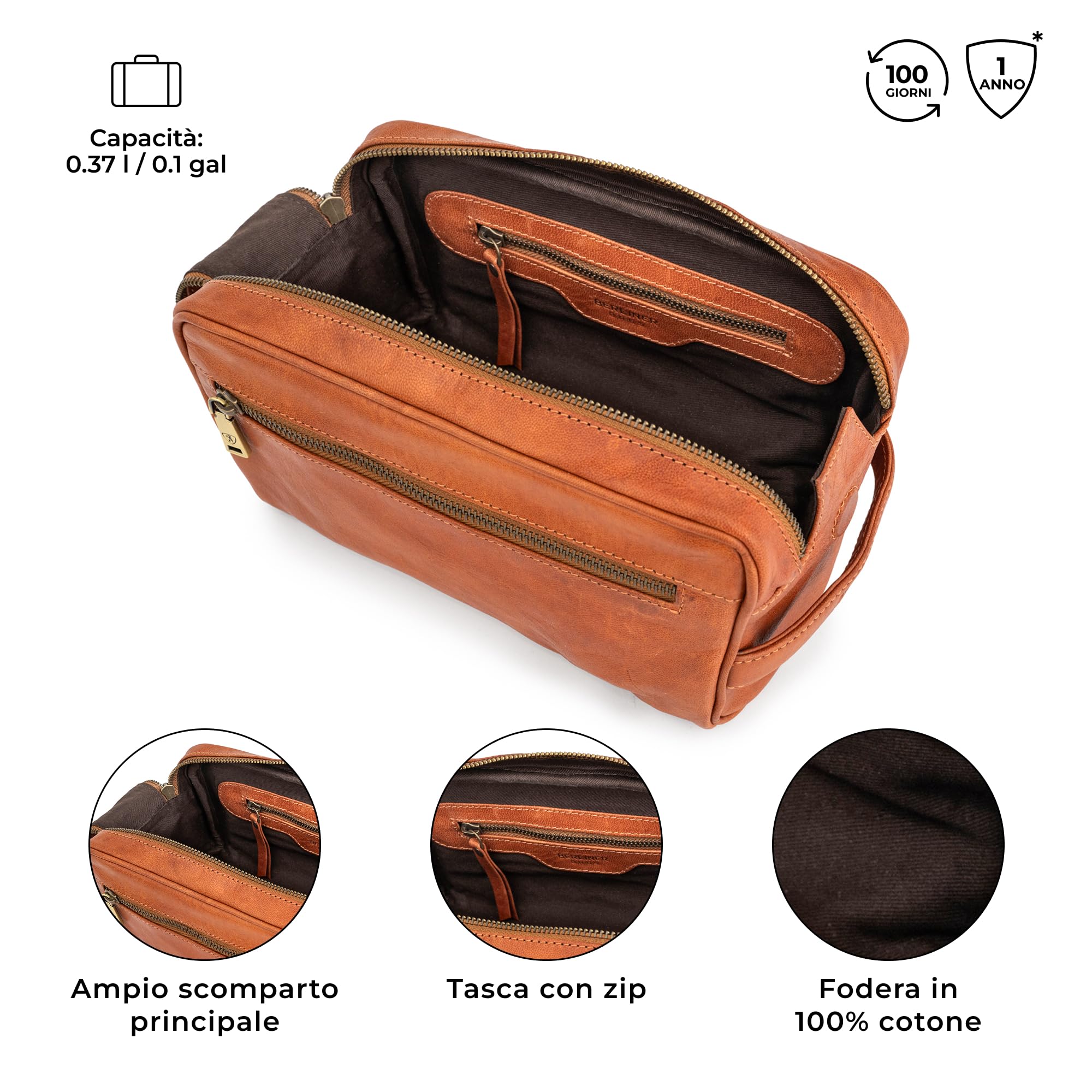 Berliner Bags Trousse da Viaggio Tim M in Vera Pelle, Beauty Case e Borsa da Toilette con Zip, Unisex – Marrone