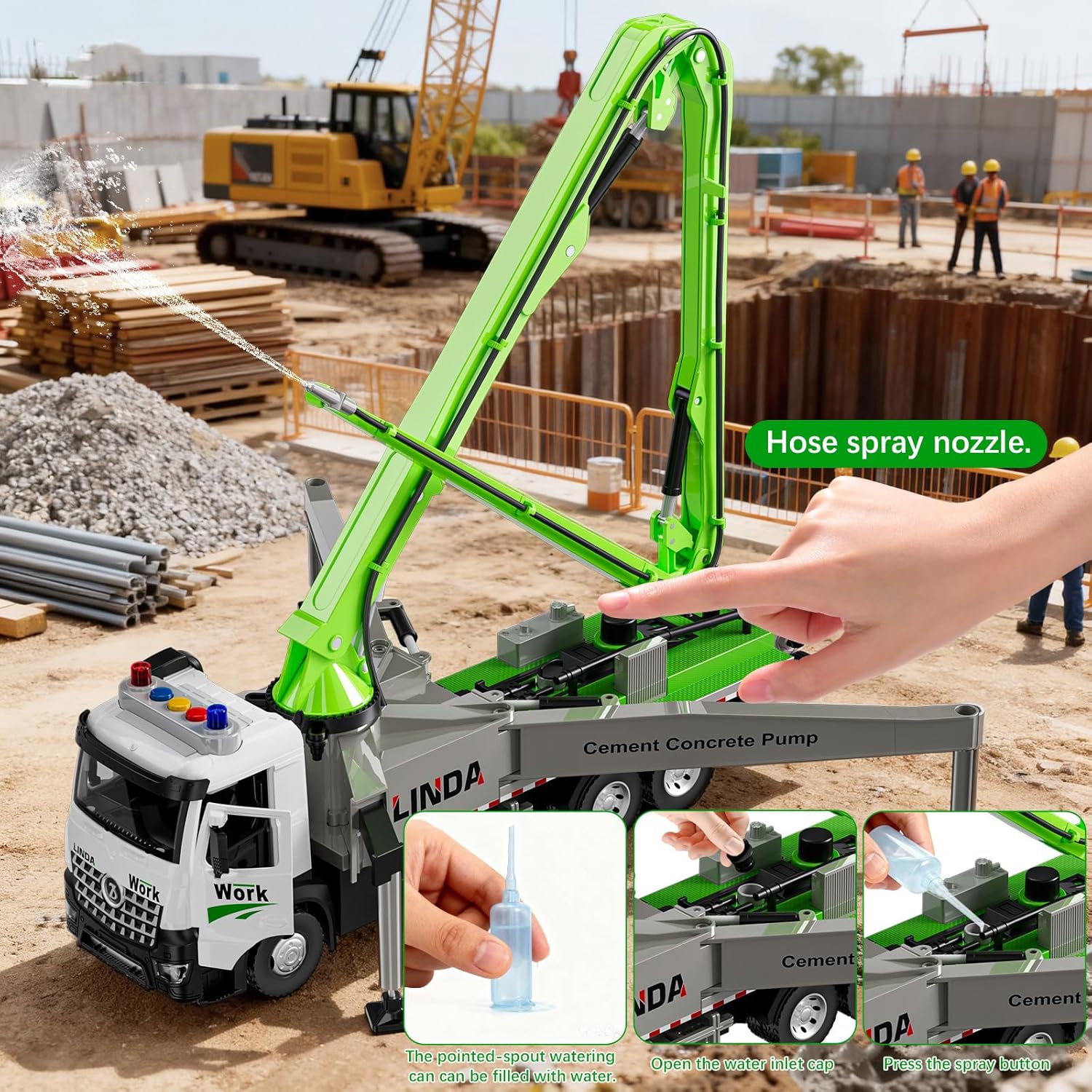 Cement Concrete Pump Truck Toy - Extendable Concrete Boom Pump Construction Trucks Site Playset Building Water Spray Todder Kids Age 3 4 5 6 7 8 Year Old Boy Birthday Christmas Vehicles Education Gift