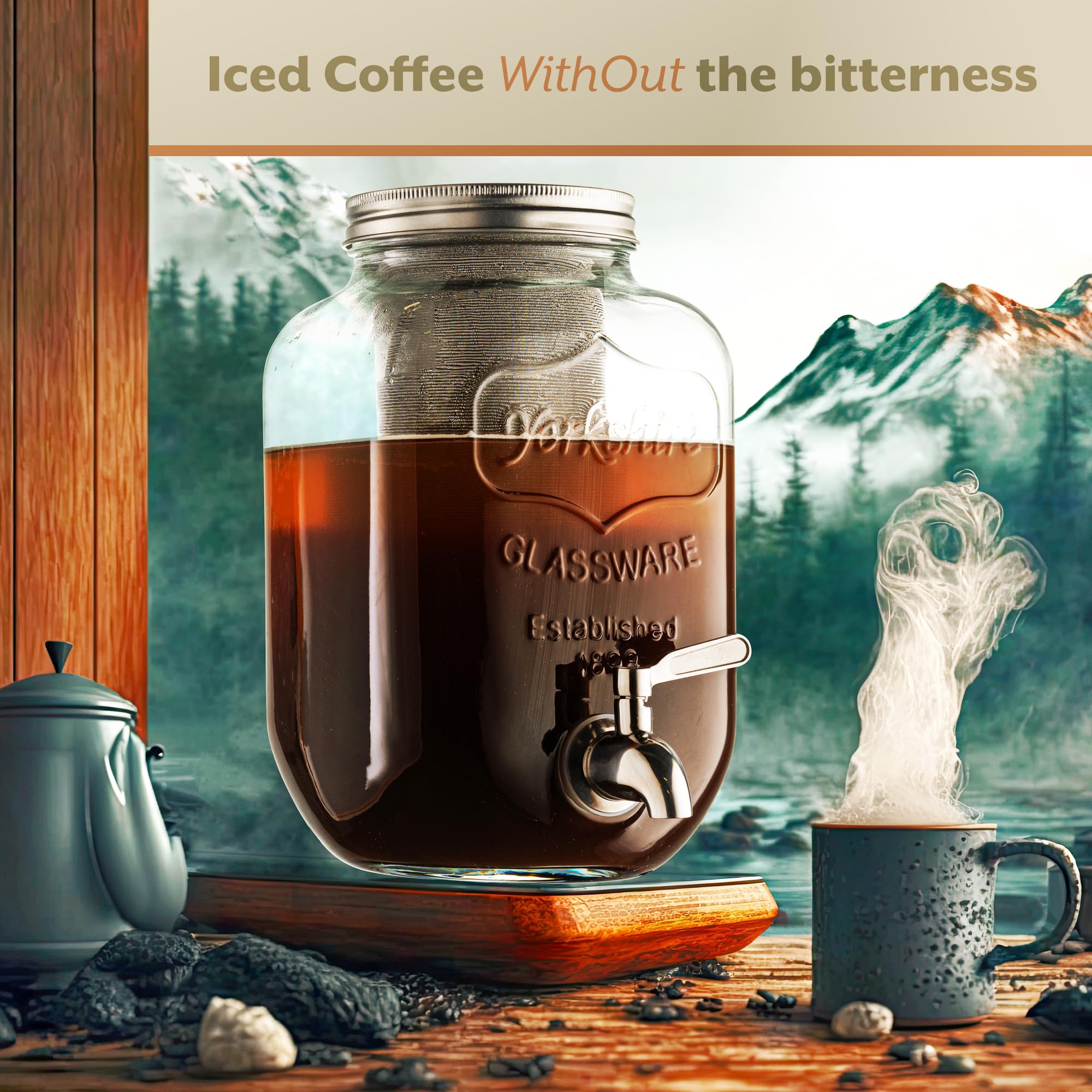Cafetera fría de 1 galón – Filtro de malla fina de 3ª generación – Espiga de acero inoxidable – Tarro de vidrio grande extra grueso dispensador de bebidas jarra, cafetera helada y jarra de té solar 2