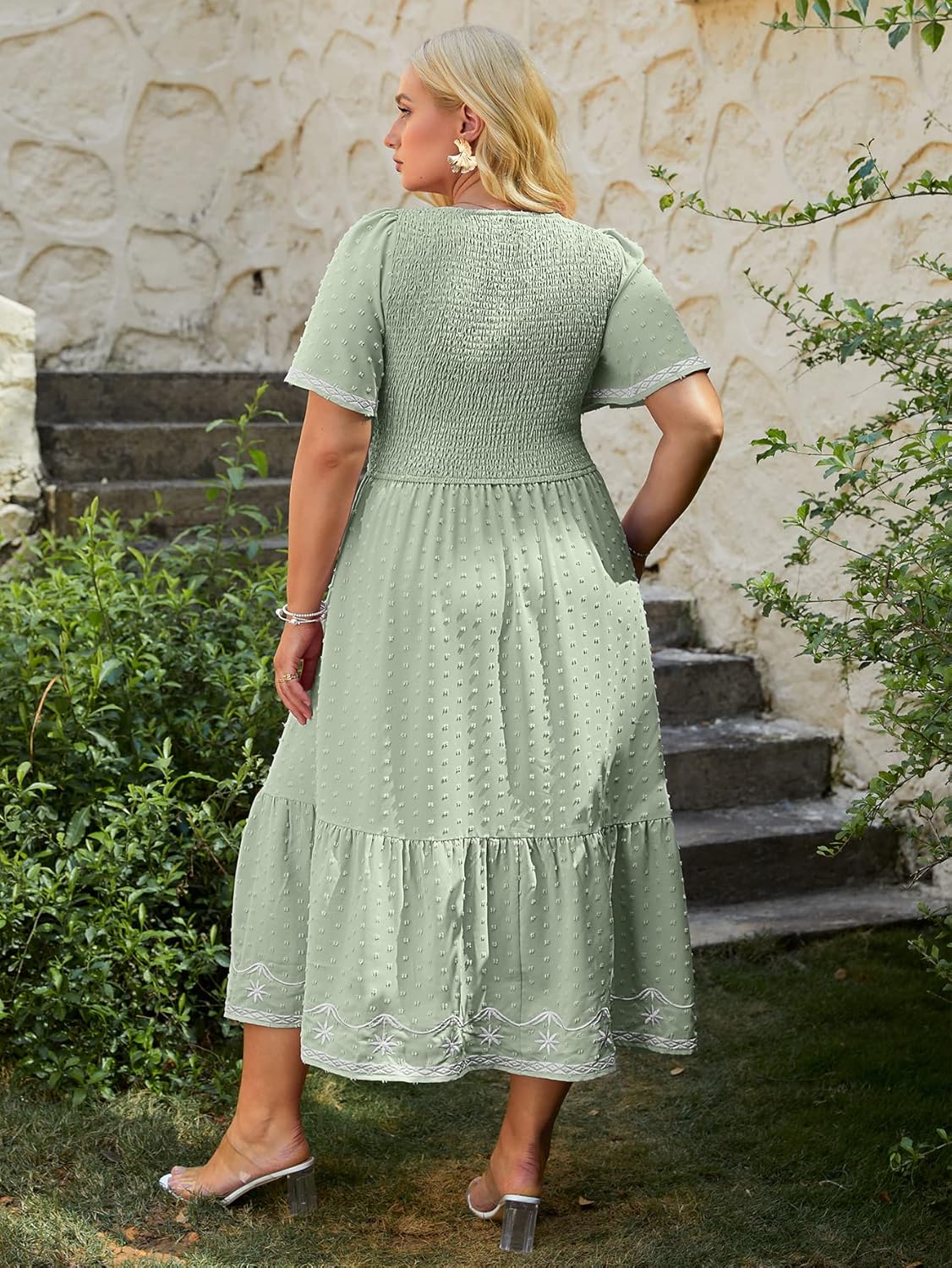 Glamaker Women's Plus Size Summer Casual Short Sleeve Smocked Square Neck A Line Flowy Midi Dress Long Dress - Image 5