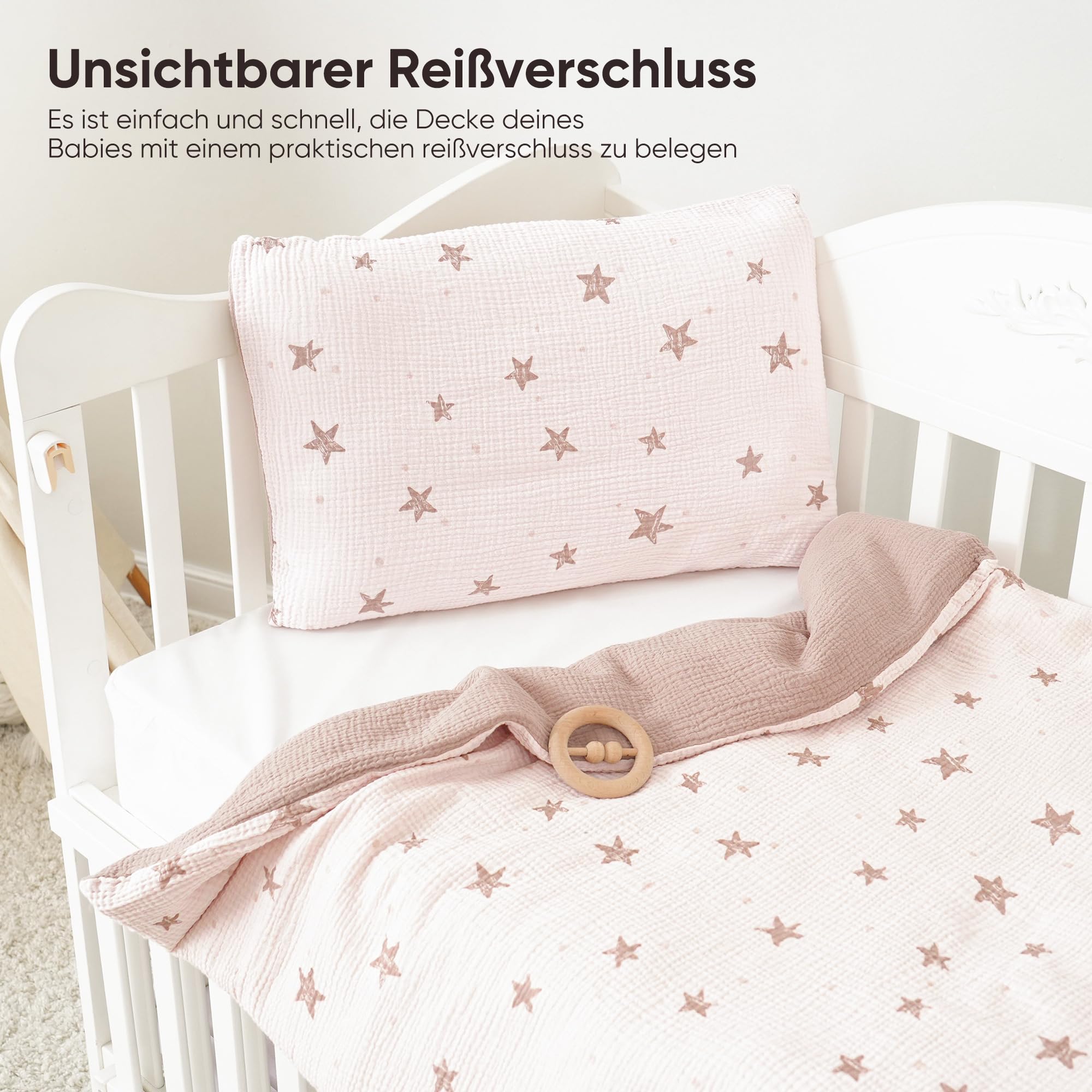 Susurration Ropa de Cama Infantil de Muselina, 100 x 135 cm, Funda de Almohada de 40 x 60cm, 100% de Algodón, Ligera y Cómoda, Juego de Ropa de Cama para Bebés y Niños(Estrellas Rosas)