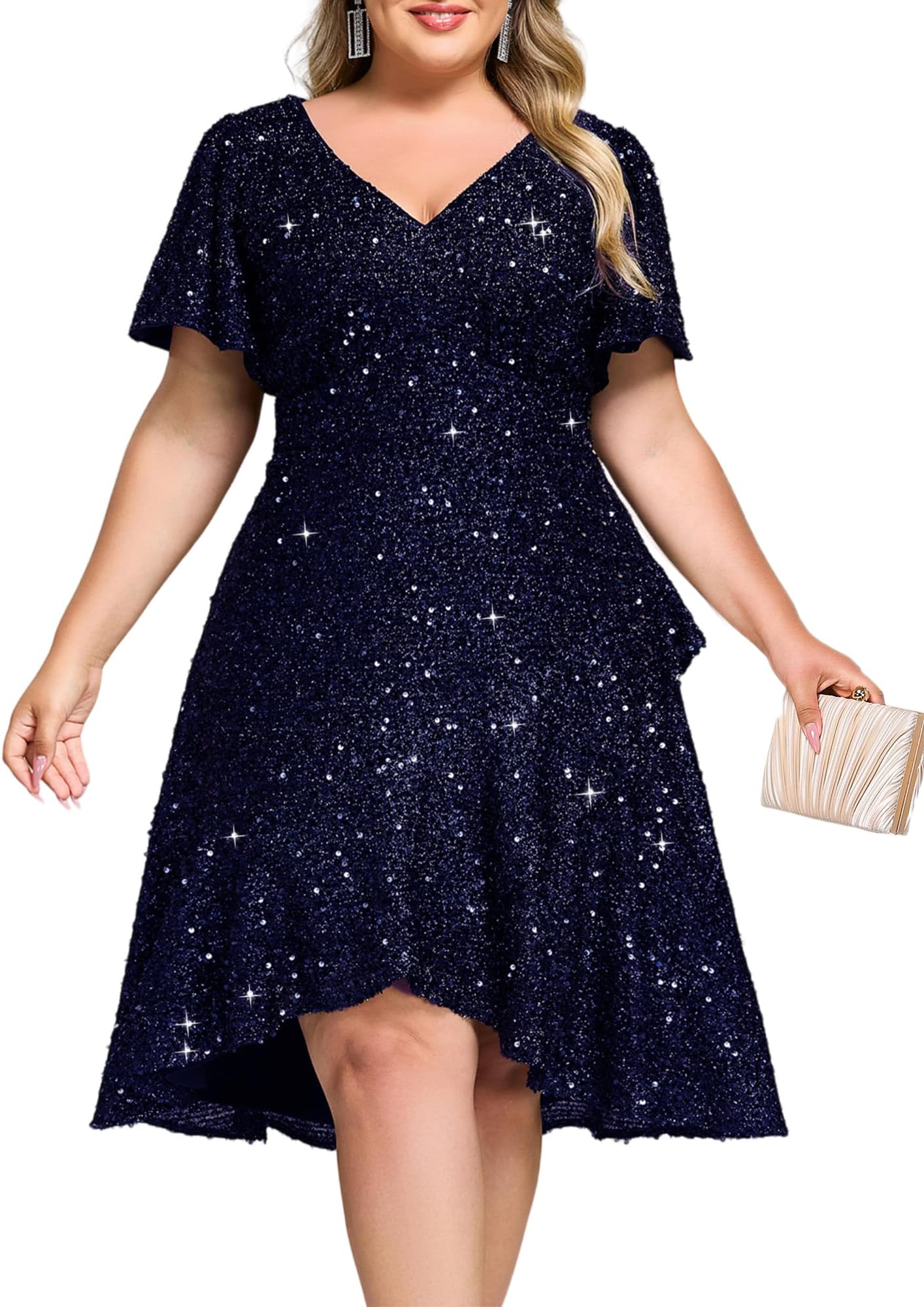 Ever-Pretty Plus Women's Formal Eveing Dress V Neck A-line High Low Sequin Plus Size Christmas Cocktail Party Dresses
