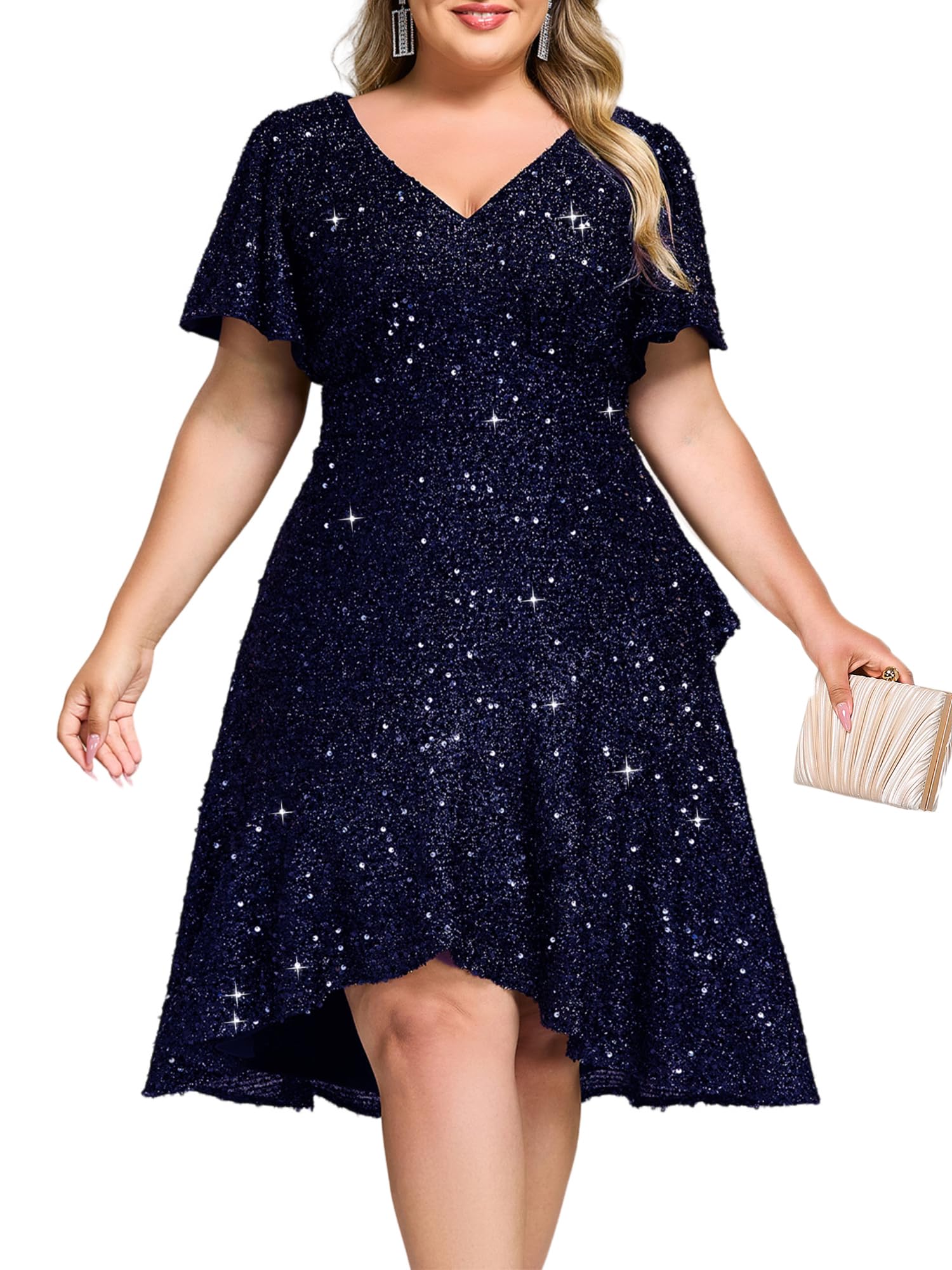 Ever-Pretty Plus Women's V Neck Short Sleeves A-line High Low Sequin Plus Size Formal Wedding Guest Dresses