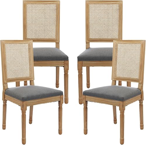 Miniatura 44 de French Country - Juego de 4 sillas de comedor de ratán beige, sillas de comedor de madera con respaldo de caña y asiento tapizado de lino, marco de