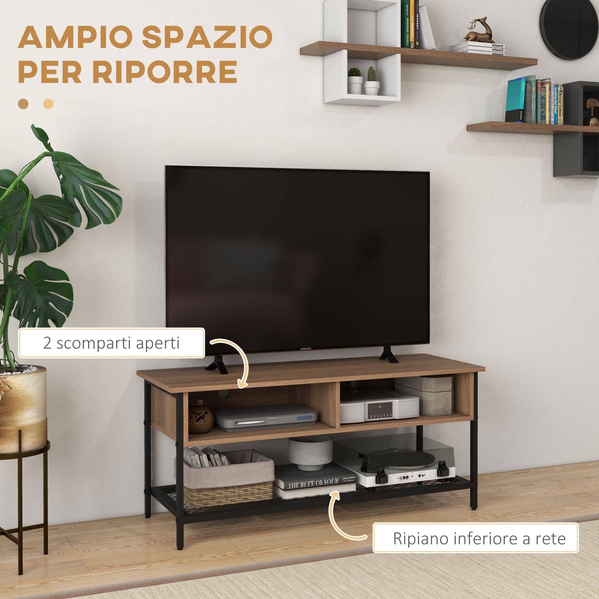 HOMCOM Mobile Porta TV fino 48" in Stile Industriale, Mobile Basso con Ripiani in Legno e Acciaio, 110x40x48cm, Marrone e Nero