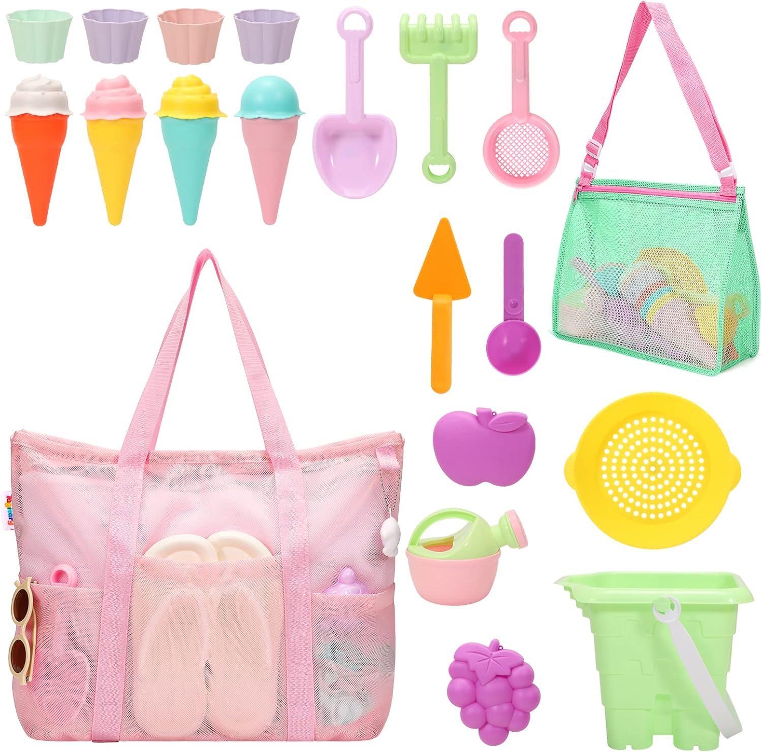 Tagitary Beach Sand Toys for Kids 3-10 and Mesh Beach Bag with Zipper, Large Beach Tote with 8 Pockets, Toys Storage Pool Bag Beach Accessories for Sports Camping Picnic Travel