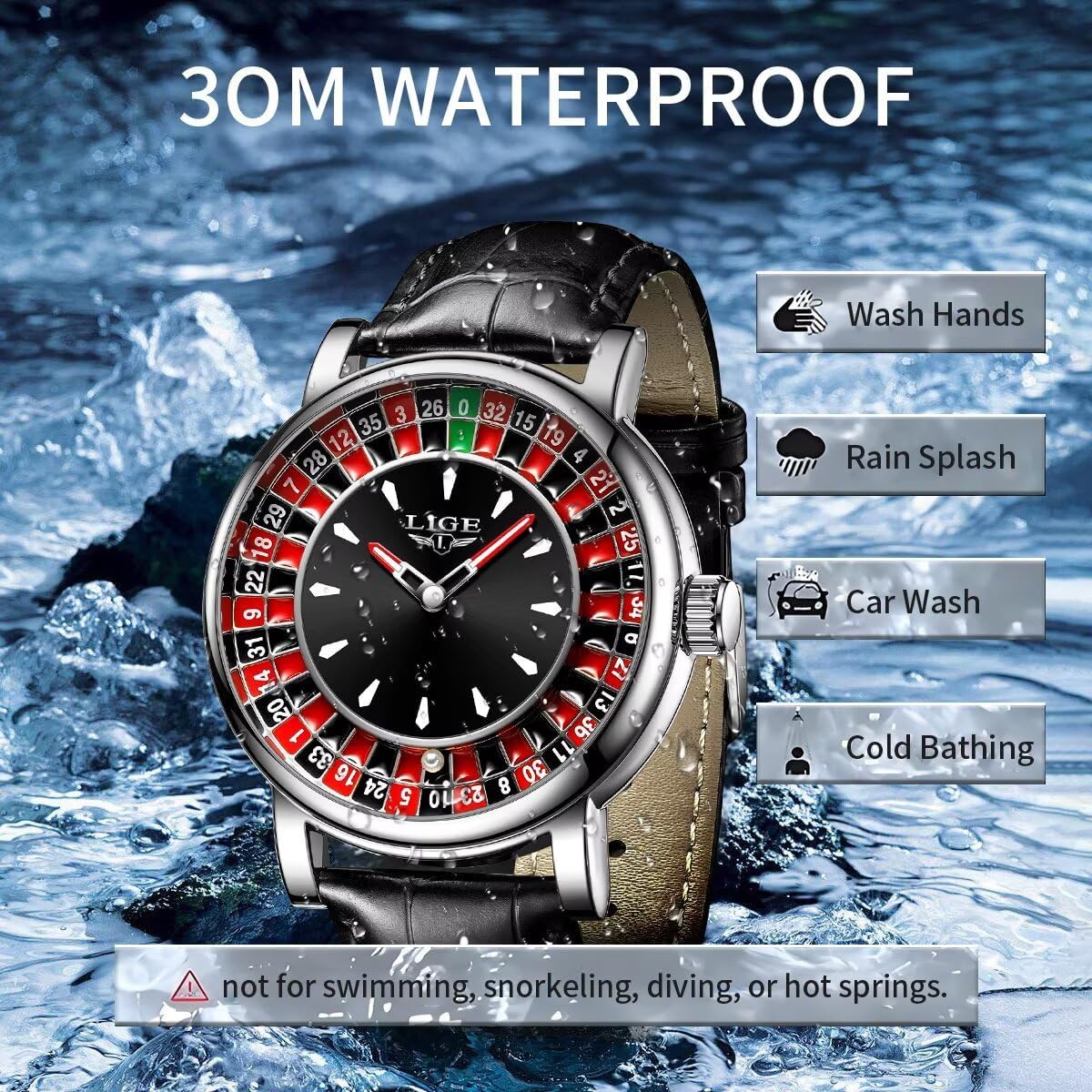 SACOSDING watch being splashed with water, illustrating 30M water resistance