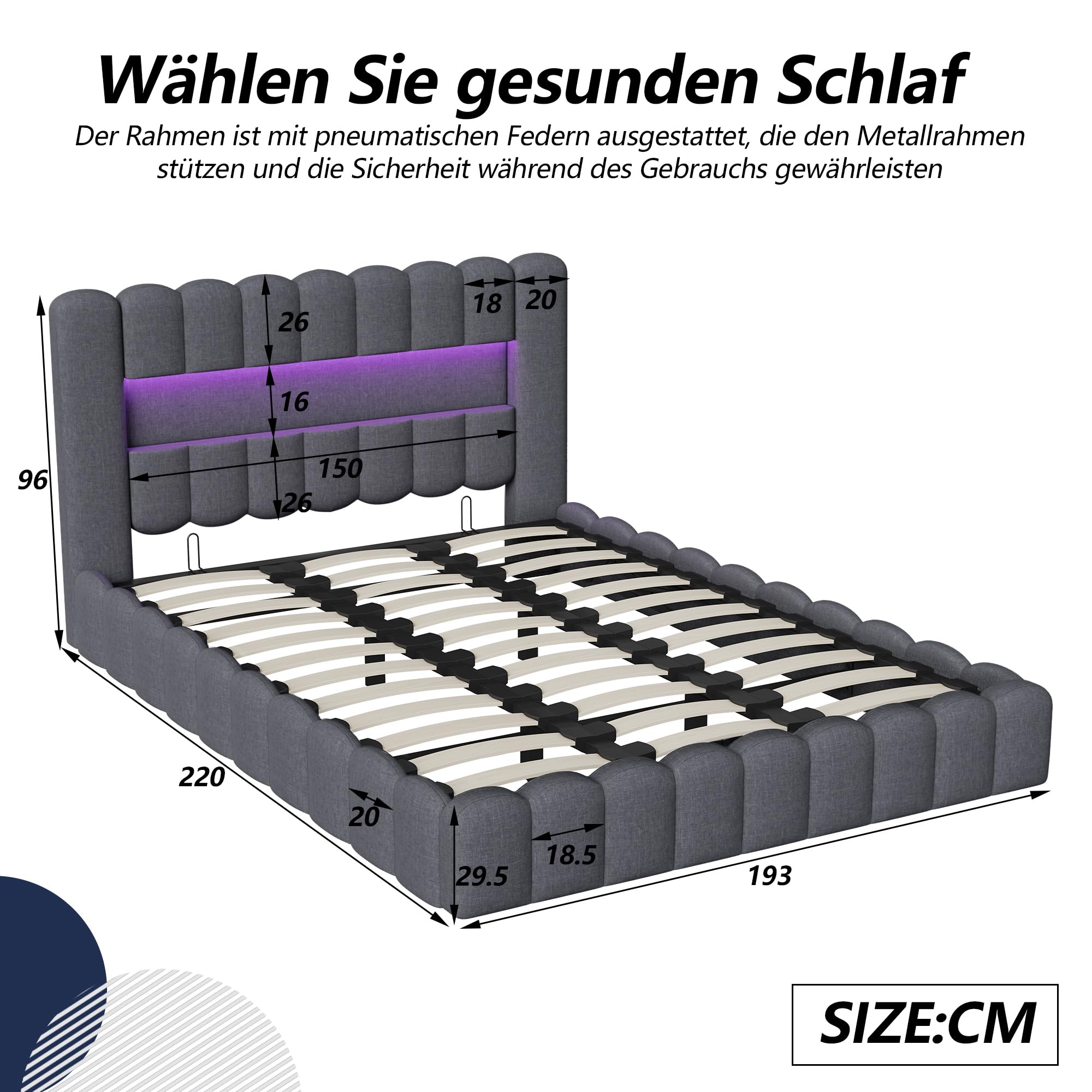 Letto contenitore 180x200 con rete a doghe e vano contenitore, letto matrimoniale con LED e USB, struttura del letto con testiera capitonné, letti a 2 piazze imbottiti, lino grigio