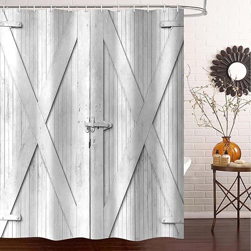 Miniatura 2 de JAWO Juego de cortina de ducha rústica para puerta de granero, color blanco, puerta de madera, tela de poliéster, juego de baño con ganchos,