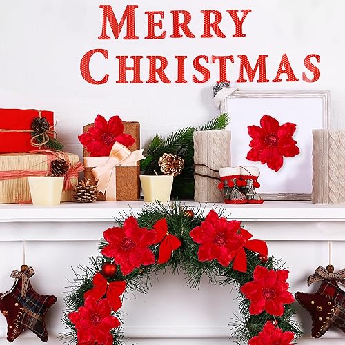 Miniatura 3 de Sggvecsy 10 piezas de flores de Navidad con purpurina para árbol de Navidad, flores de pascua artificiales, de terciopelo, magnolia, tallos florales