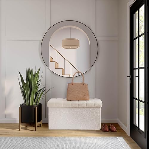 Miniatura 107 de Seville Classics Reposapiés otomano de tela acolchada, asiento acolchado para dormitorio, dormitorio, loft, sala de estar, entrada, pasillo, Azul