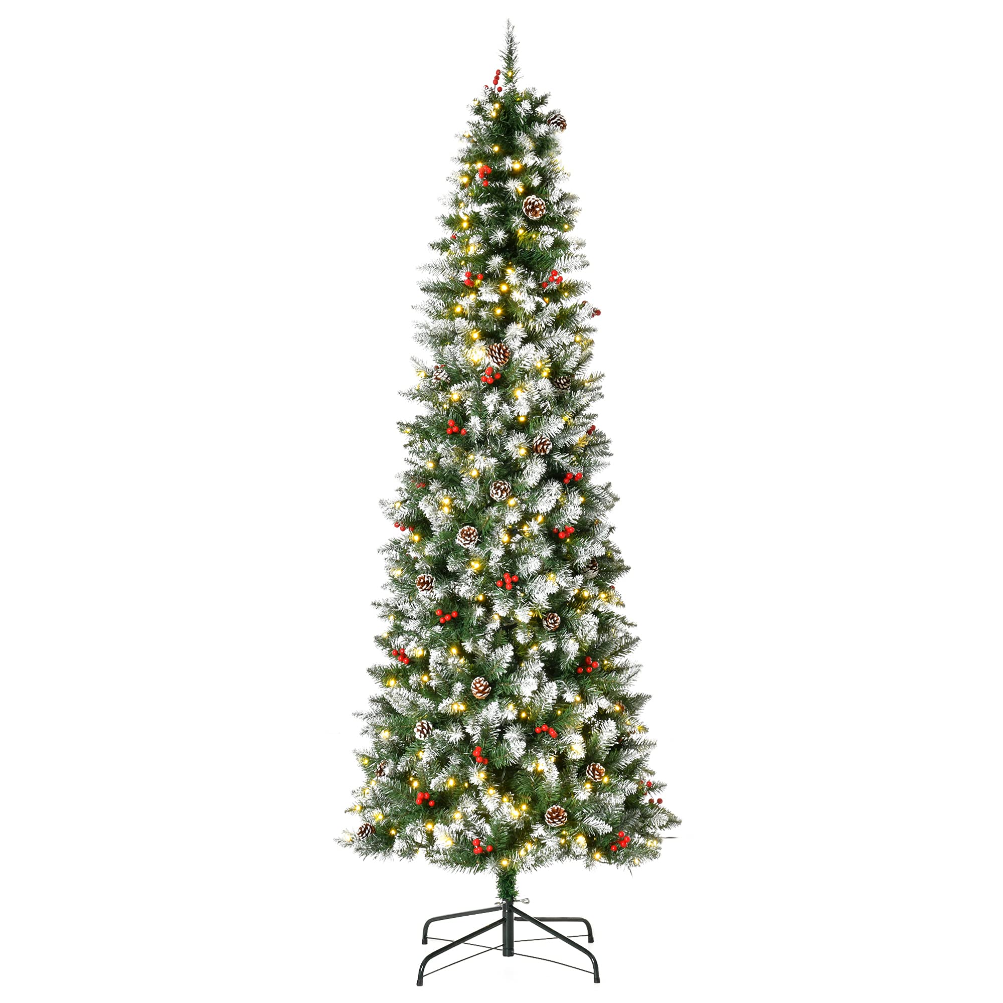 HOMCOM 6ft Prelit Snow-Dipped Artificial Christmas Tree with LED Lights, Pine Cones, Red Berries, Branch Tips - Green