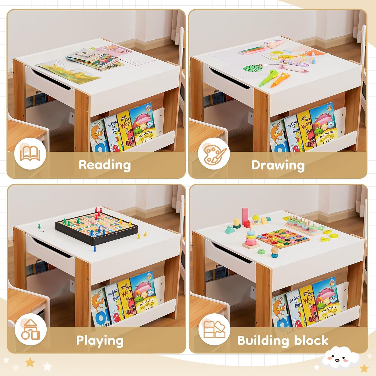 Cozivolife Kids Table and Chair Set (2 Chairs Included),Child Wooden Activity Furniture with Storage Bins Boxes and Book Organiser, 2 in 1 Detachable Tabletop Desk Group for Toddlers Drawing