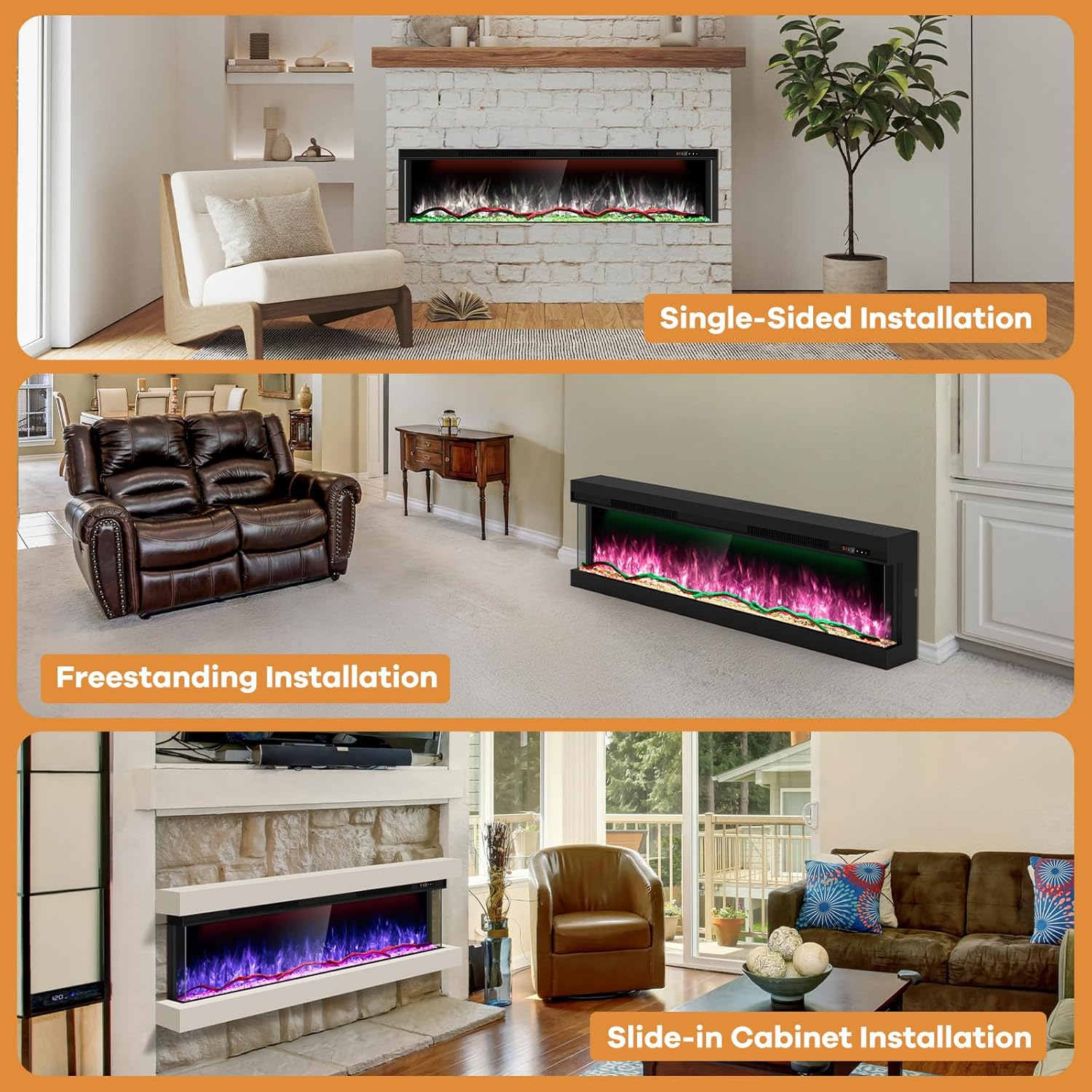 3 Sided Smart 80 Inch Electric Fireplace with Touchscreen & APP Control, Multi-Color Combinations, Built-in Fire Place Inserts 1500W Heater, Cracking Sound, 9H Timer, Log & Crystal