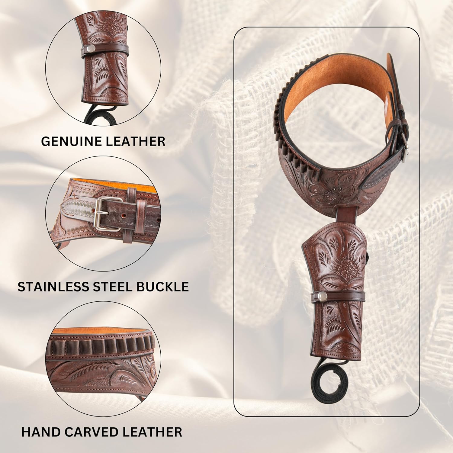 Hulara Full Grain Leather Western Gun Belt and Holster for Men – Fits .357 and .38 Cal Revolvers – Cowboy Style