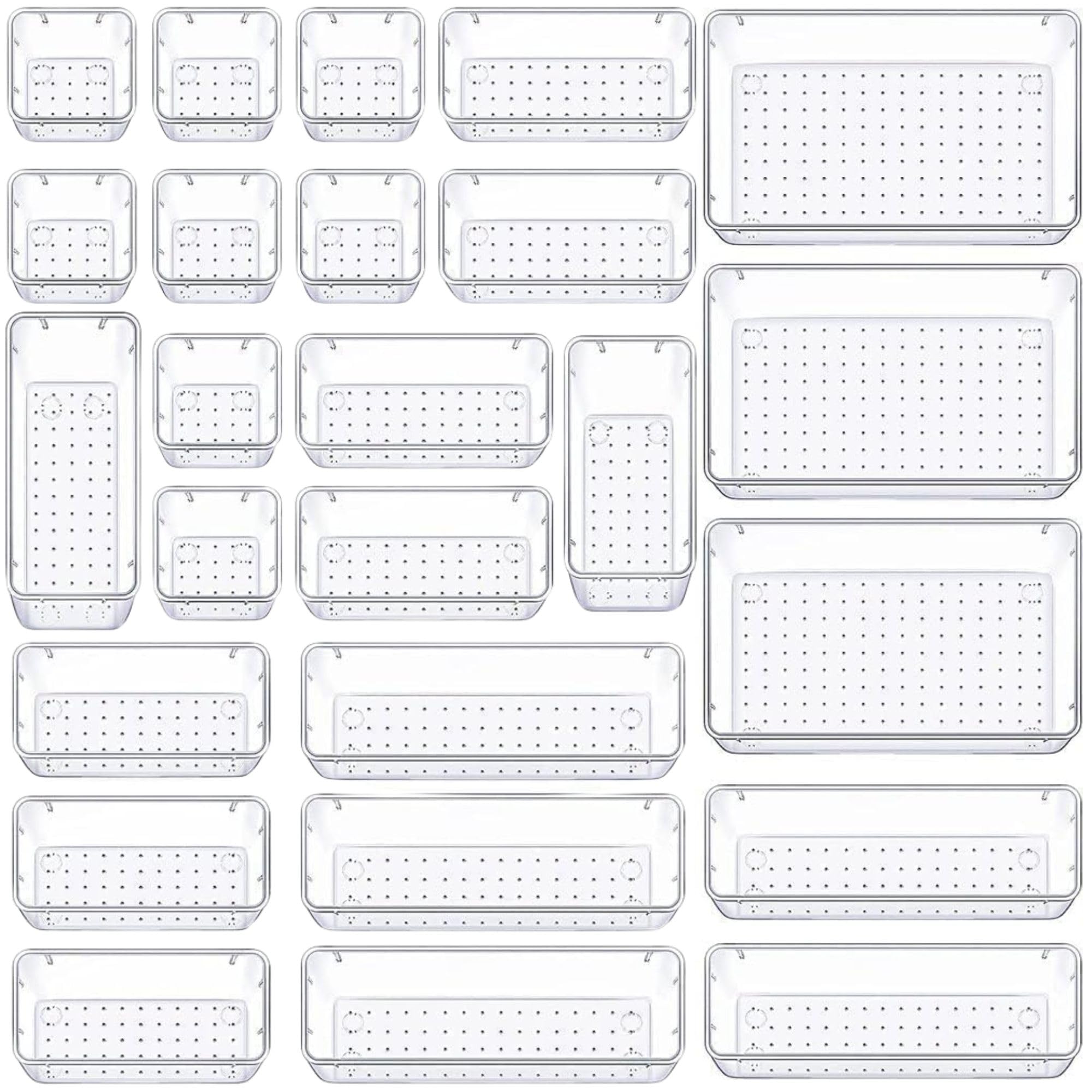 Panzy Home 25 Pcs Drawer Organiser Clear Desk Drawer Organisers Trays Makeup Drawer Divider Clear Plastic Storage Boxes for Bathroom Cosmetics Kitchen Office Stationery