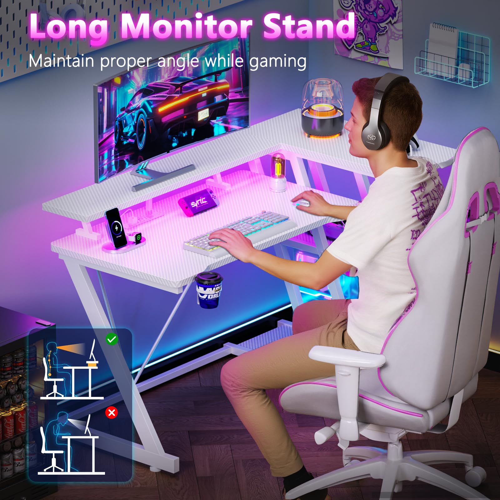 Escritorio para juegos de 39 pulgadas con toma de corriente y luces LED, mesa de juegos para computadora en forma de L con estantes de almacenamiento de 3 niveles, escritorio de esquina para jugadores