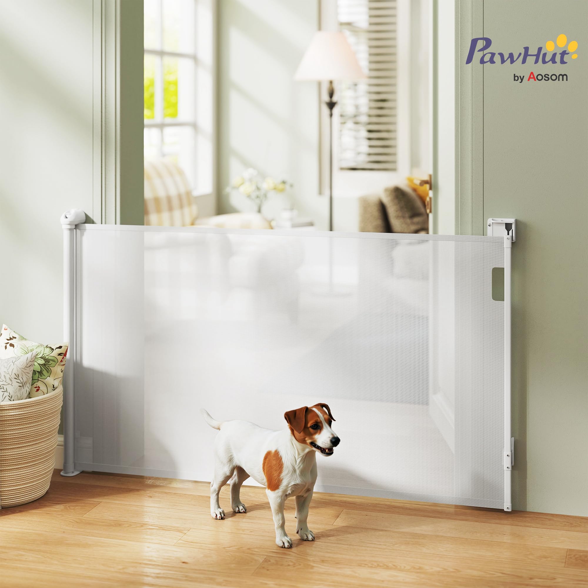 PawHut Barrière de sécurité Chien rétractable, Largeur 149 cm, Filet de Protection Extensible, barrière d'escalier et de Portes pour Chien Verrouillage Automatique, Blanc
