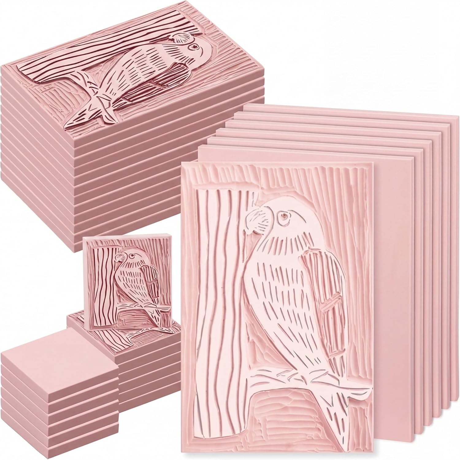 Joyfolk 30 Pcs Linoleum Blocks for Printmaking Supplies 12 Pcs 4” x 6”and 2” x 2”, 6 Pack 8” x 6” Pink Rubber Linocut Block for Stamp Carving Soft Relief Printing Kit for DIY Crafts Art Projects
