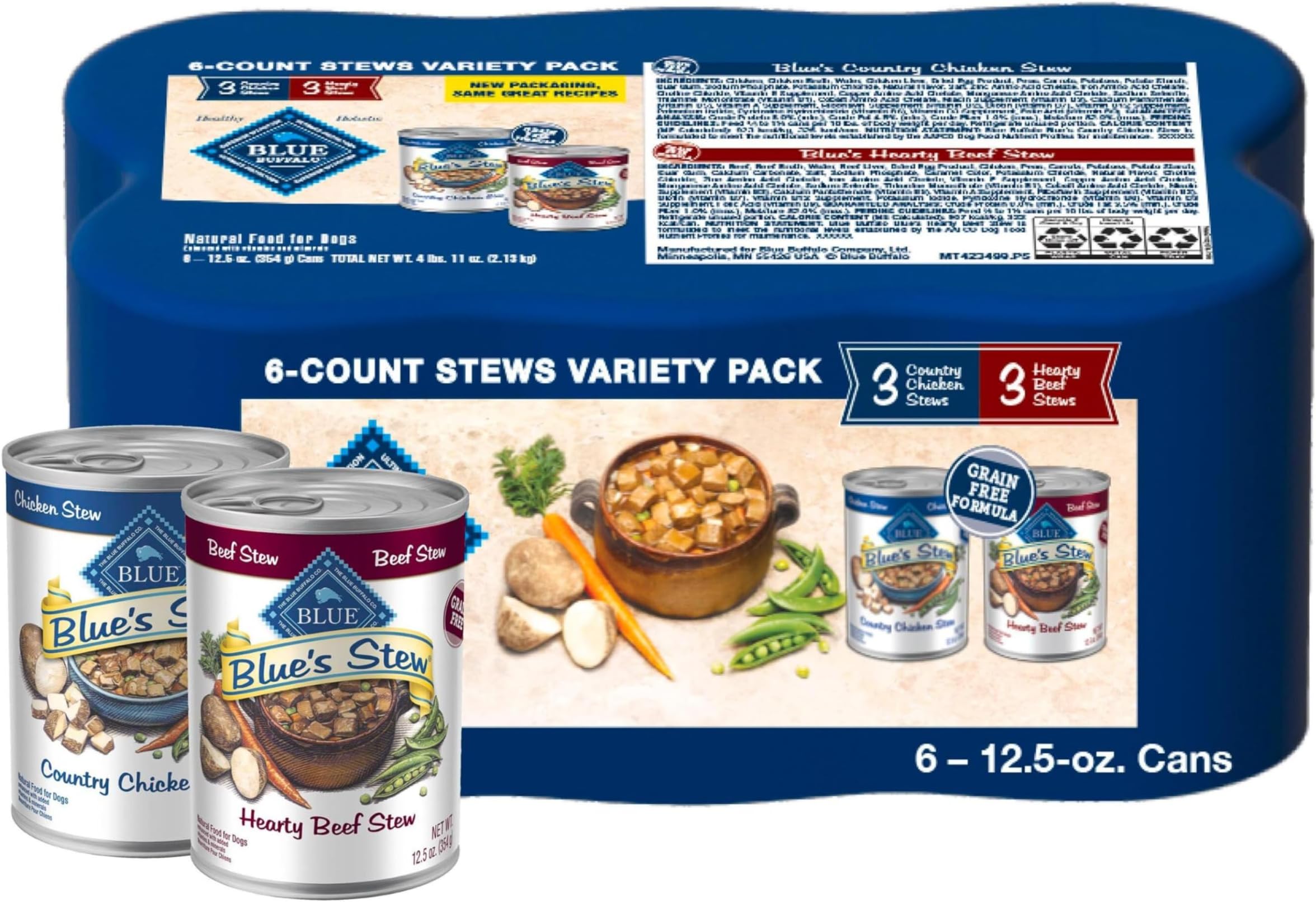 Blue's Stew Natural Wet Dog Food, Made with Natural Ingredients, Hearty Beef and Country Chicken Variety Pack, 12.5-oz Cans, 6 Count