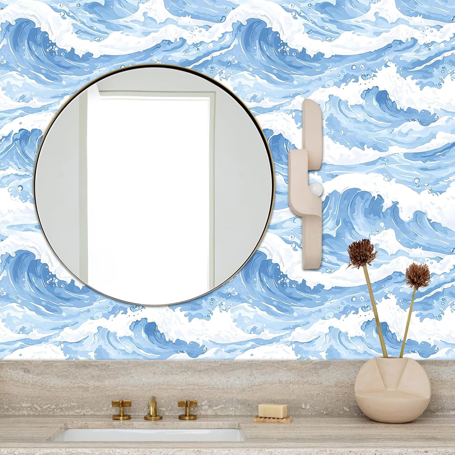 Sea Waves Wallpaper Self Adhesive Peel and Stick Watercolor Vivid Contact Paper Removable Waterproof for Bedroom Renter Friendly (A1, 17.71"x118.1", Cartoon)