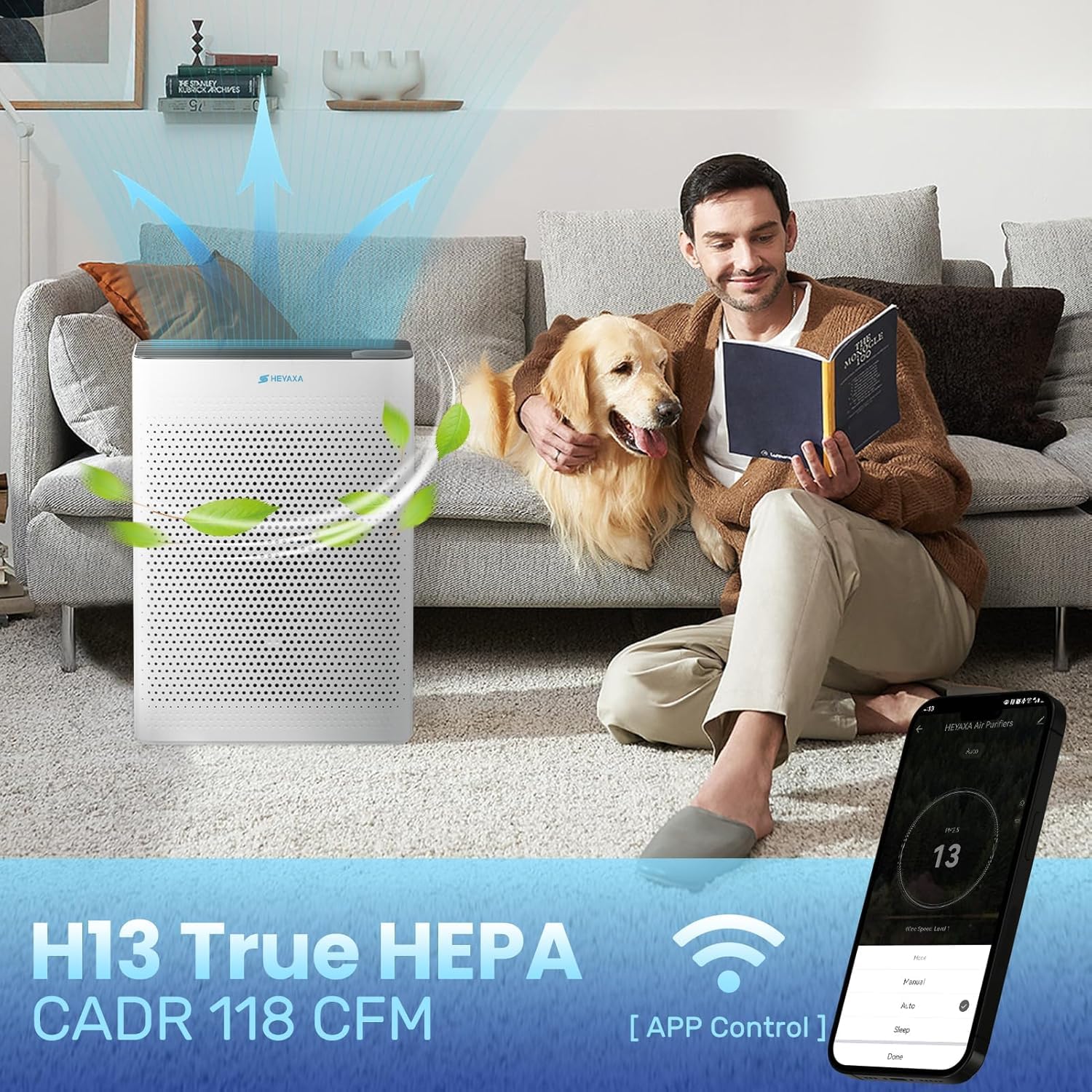 HEYAXA Purificatori d'aria per la casa, grandi stanze fino a 2000 m² con monitor della qualità dell'aria, filtro promemoria, modalità sleep 21 dB, Wi-Fi e timer, filtri lavabili, purificatore d'aria