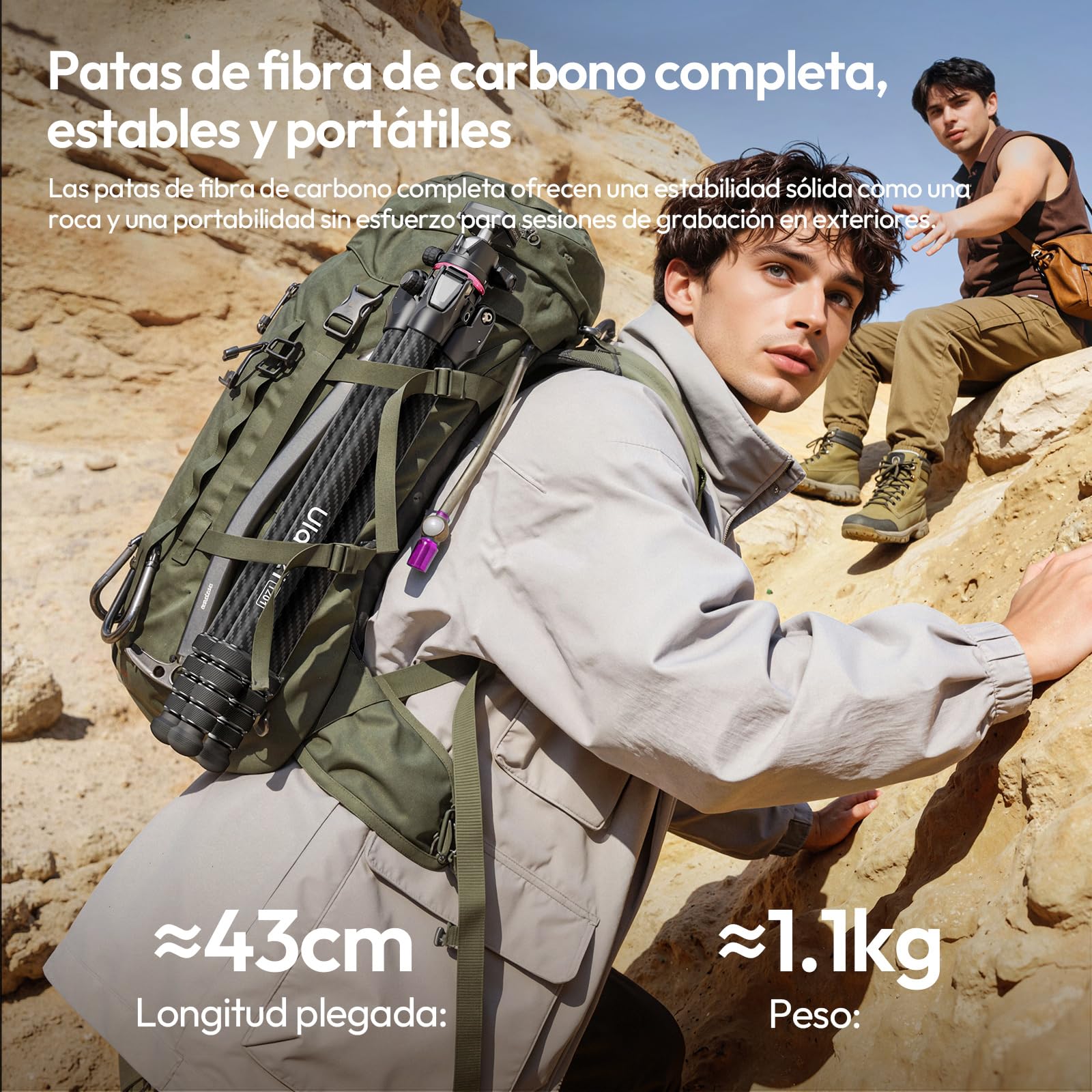 ULANZI TZ01 Trípode de Fibra de Carbono de 163cm, Trípode de Viaje 2 en 1 con Columna Central Desmontable, Soporte Ligero para Cámara y Móvil con Rótula de 360°, Sistema de Liberación Rápida Uka