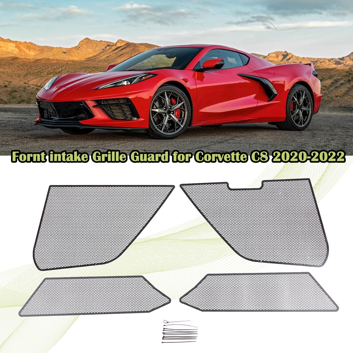 Front Mesh Honeycomb Grill Guard Compatible with Chevrolet Corvette C8 2020-2023, Stainless Steel Body Bumper Front Outer Grill Guard Car Grille Vents Insert Mesh Accessories(Cable tie style)