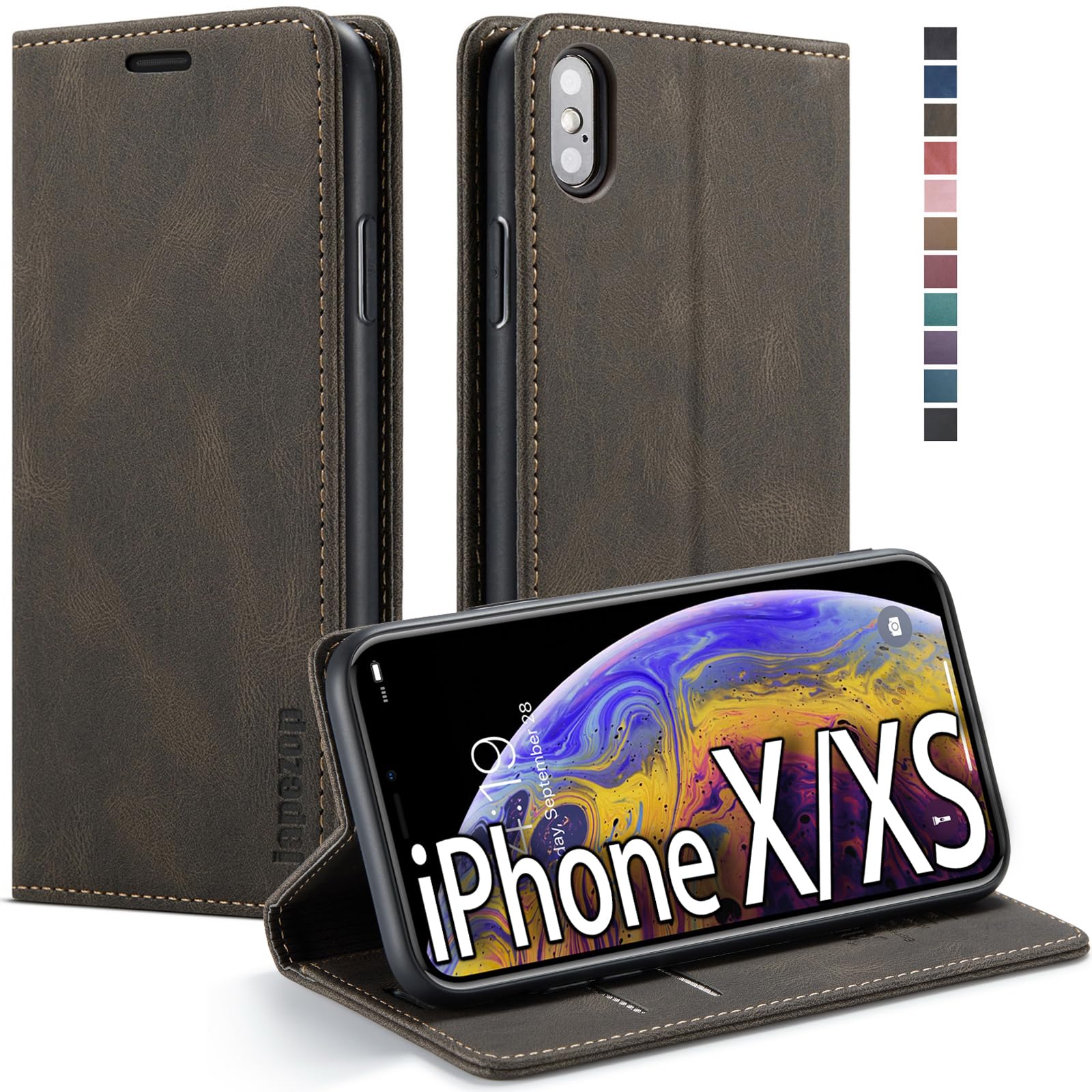japezop iPhone Xs iPhone X Wallet Case with Card Holder RFID Blocking, Premium PU Leather Case Wallet with Magnetic Kickstand and Flip Case for iPhone