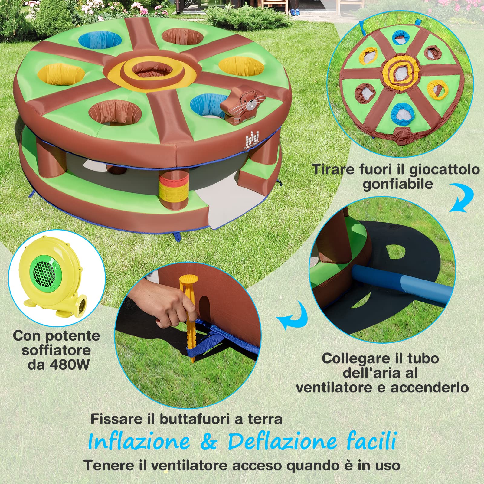 COSTWAY Giocattolo Gonfiabile per Bambini con Acchiappa la Talpa, Castello Gonfiabile per Bambini con Soffiatore, Borsa di Trasporto e Kit di Riparazione, 3-10 anni, 256 x 256 x 120cm