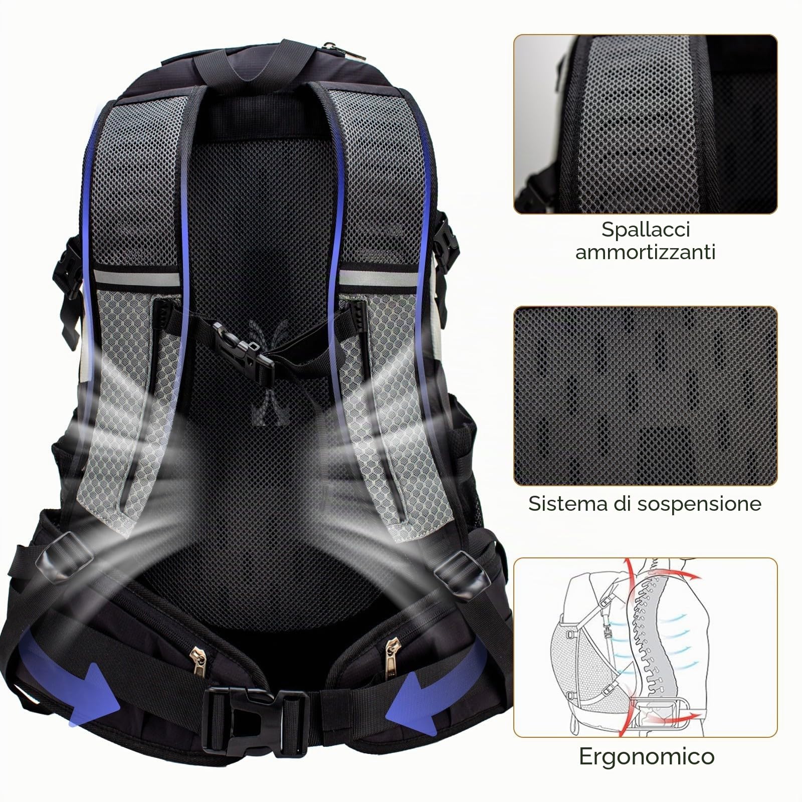 40L Zaino Trekking per Uomo Donna, Nero