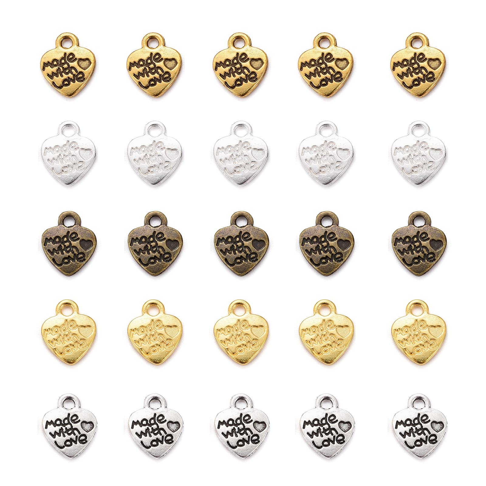 PandaHall 500pcs Tibetan Style Alloy Heart Charms Pendants 5 Colors Made with Love Charms Metal Dangle Pendants for DIY Necklace Bracelet Earring Jewelry Making
