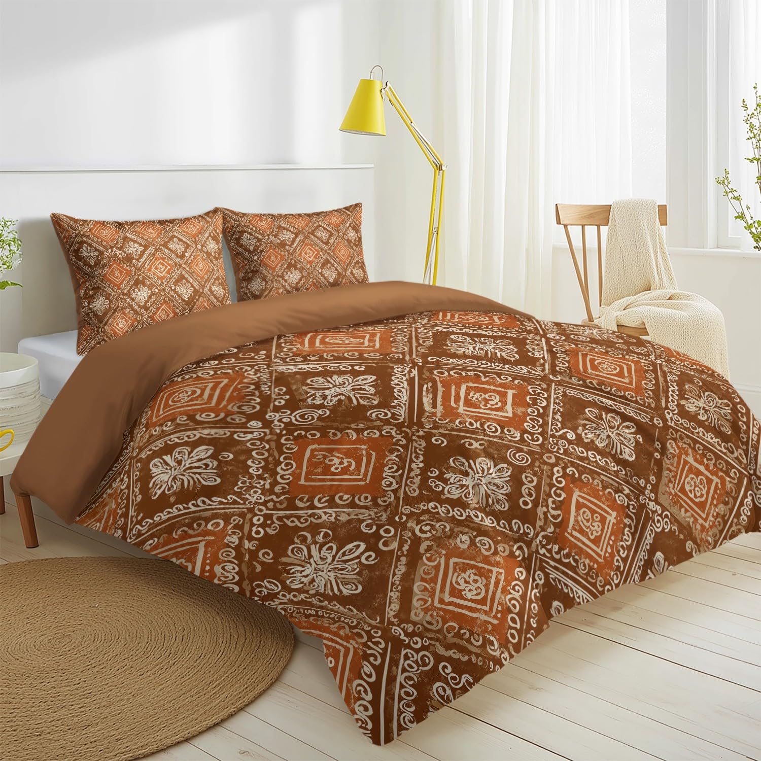 3-częściowy komplet pościeli boho 200 x 200 cm, poszewka na kołdrę – vintage, geometryczny wzór w romby, kwiatowy, miękka pościel z mikrofibry, dwustronna, z 2 poszewkami na poduszki, brązowa