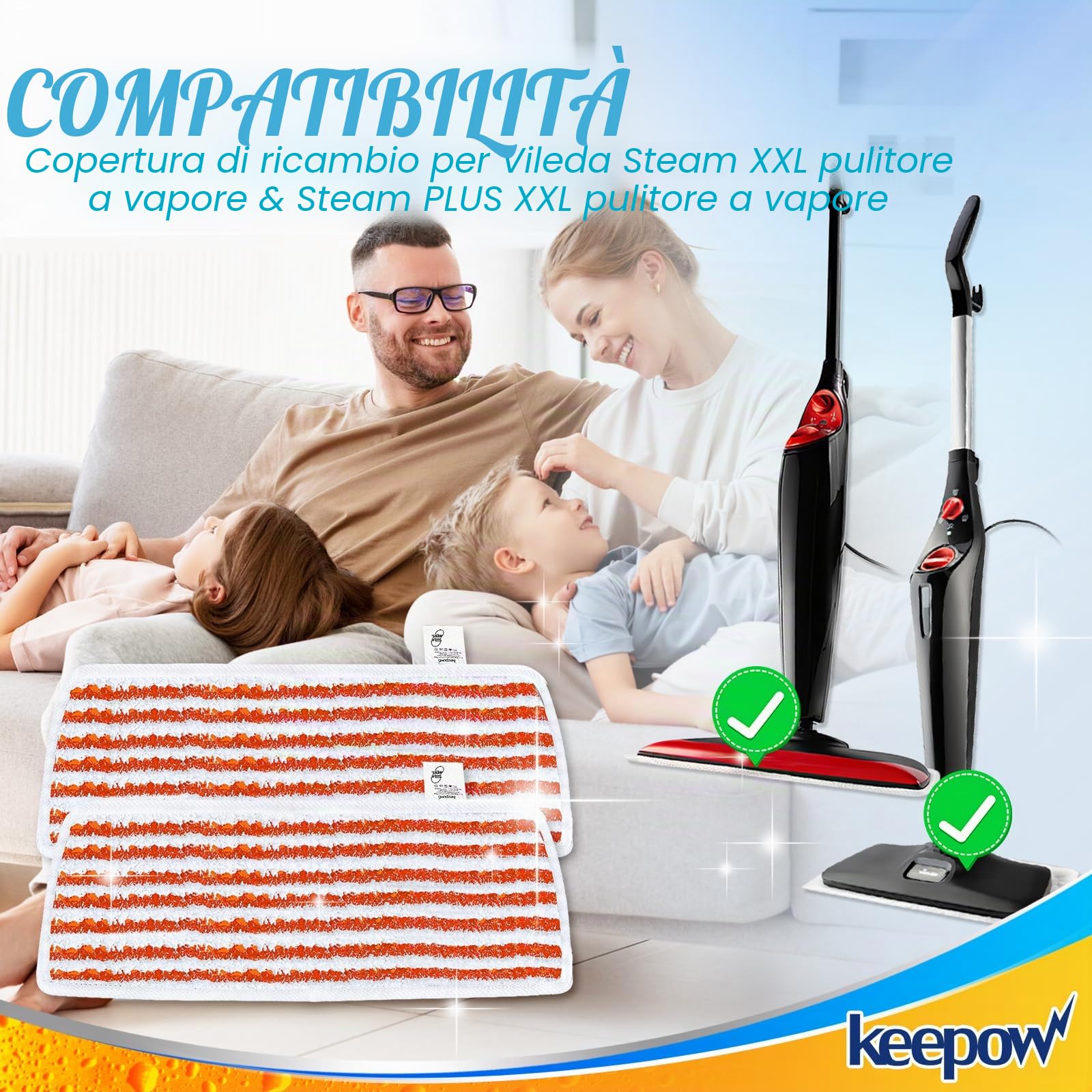 KEEPOW Steam PLUS XXL, 8 pezzi di ricambio per pulitore a vapore Steam Plus, rivestimento di ricambio lavabile per pulitore a vapore Steam XXL – con strisce resistenti