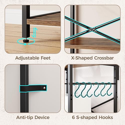 Miniatura 8 de SUPERJARE - Estante de cocina con toma de corriente de 4 niveles, soporte de microondas de cocina con 6 ganchos en forma de S, estante de Marrón