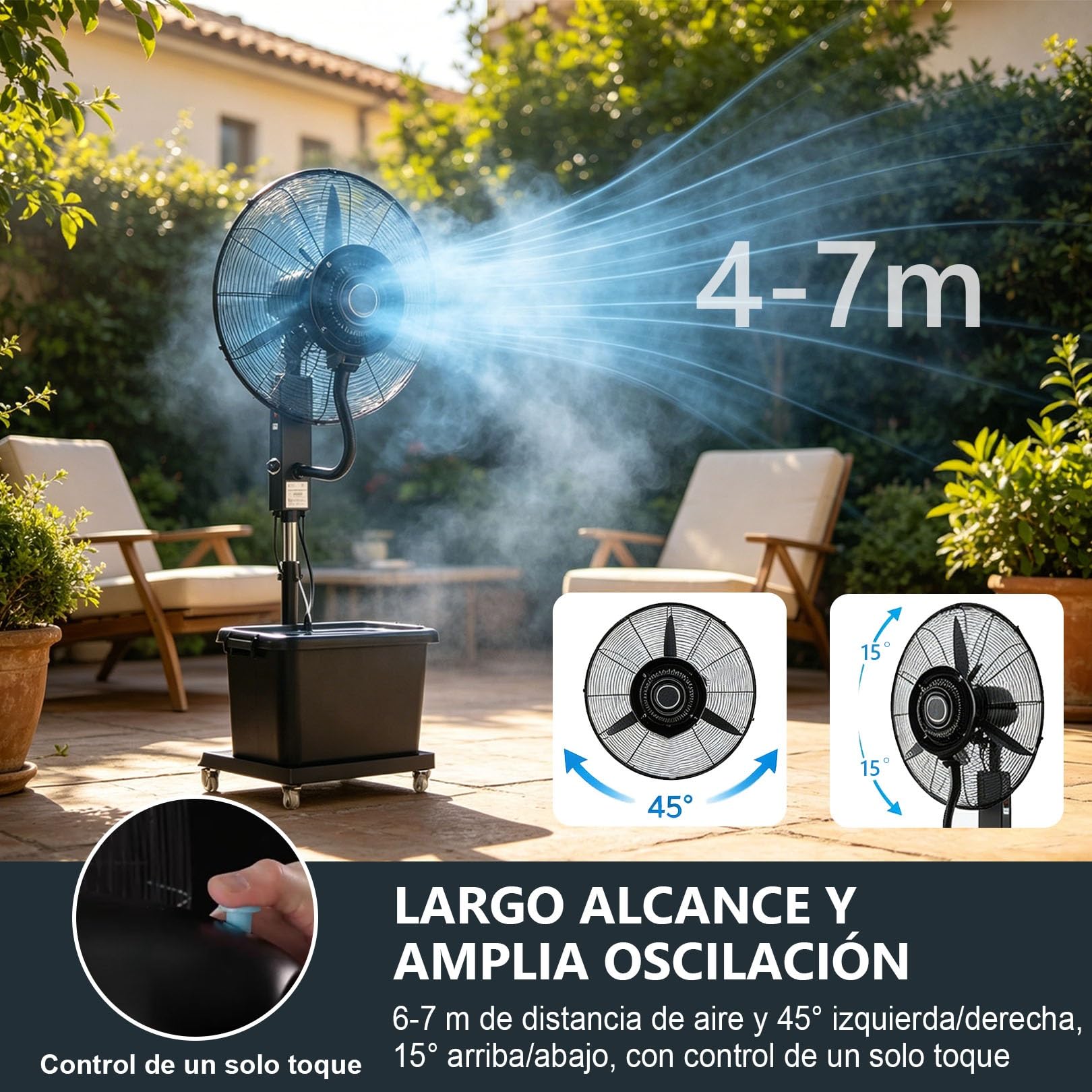 Ventilador Nebulizador 42L, Alta Velocidad Industrial con 3 Velocidades y Valor de Niebla Ajustable, Oscilación 90°, Altura Regulable 160‑200cm, para Refrigeración Exterior en Patio, Taller(71cm/28in)