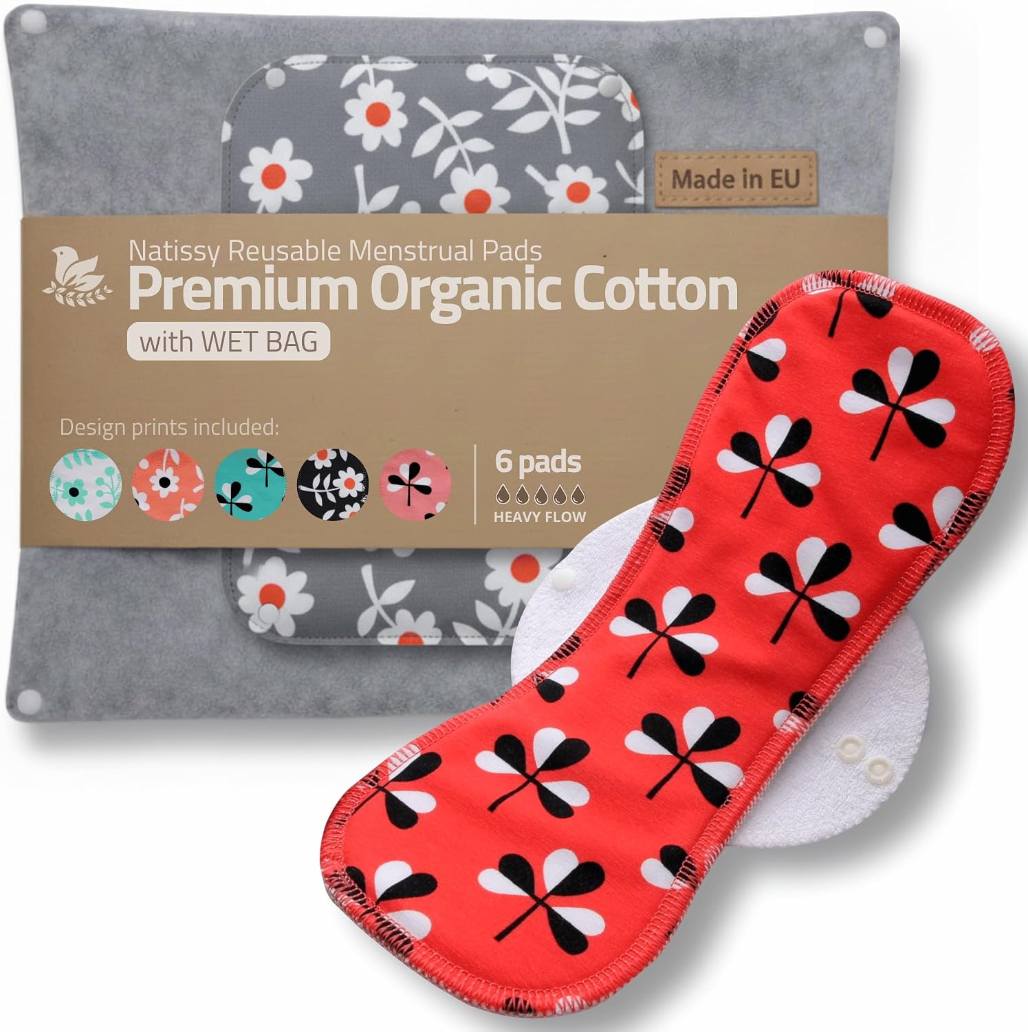 Made in the EU - Washable Organic Cotton Fabric Bandages Absorbent for Heavy Days & Incontinence Set of 6 L + XL - Thin Breathable & with Secure Hold Reusable Period Pads for Women