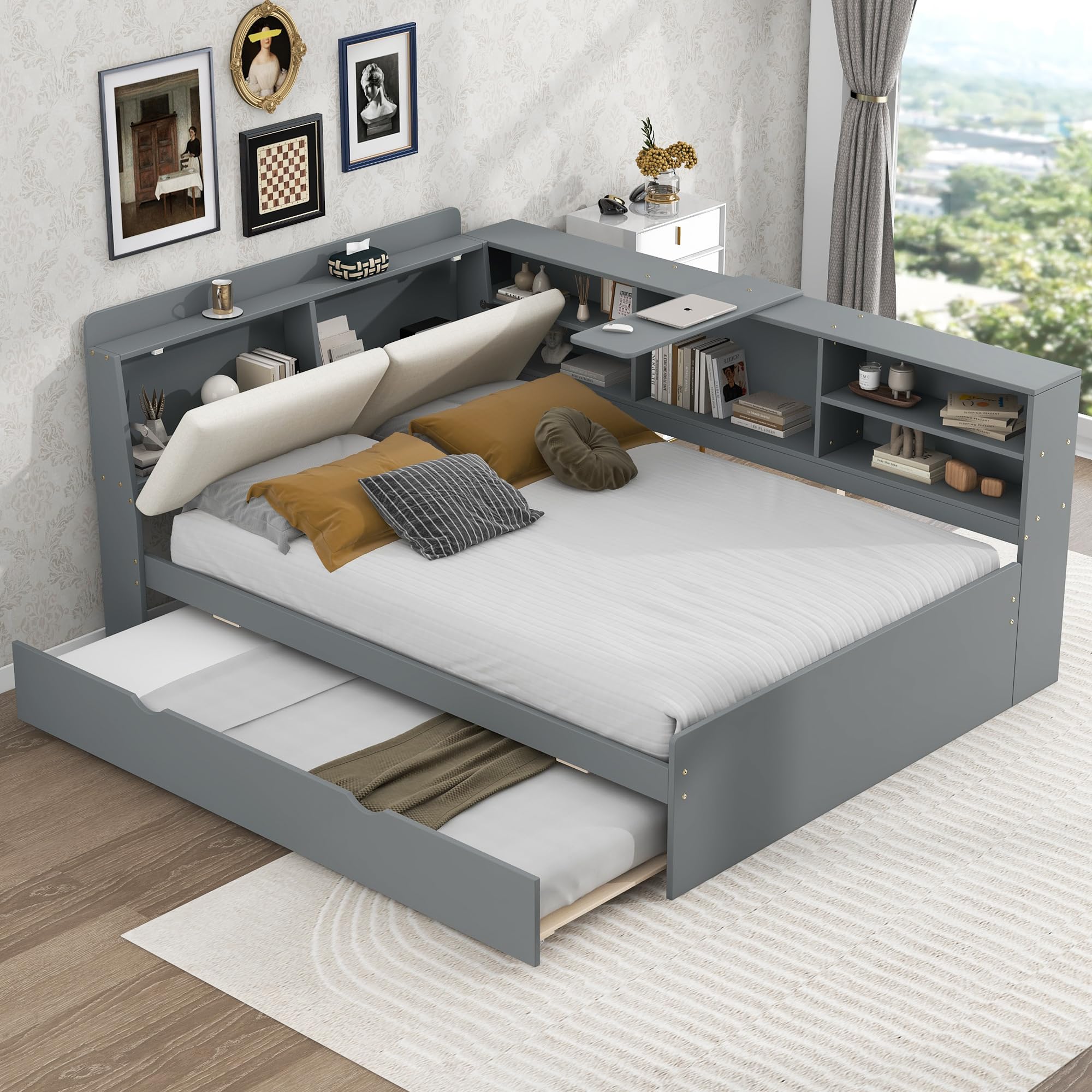 Bellemave Full Corner Bed Frame, Captains Bedframe, Wood Full Daybed with L-Shaped Bookcase and Trundle，Daybeds with Storage Cabinets, Gray