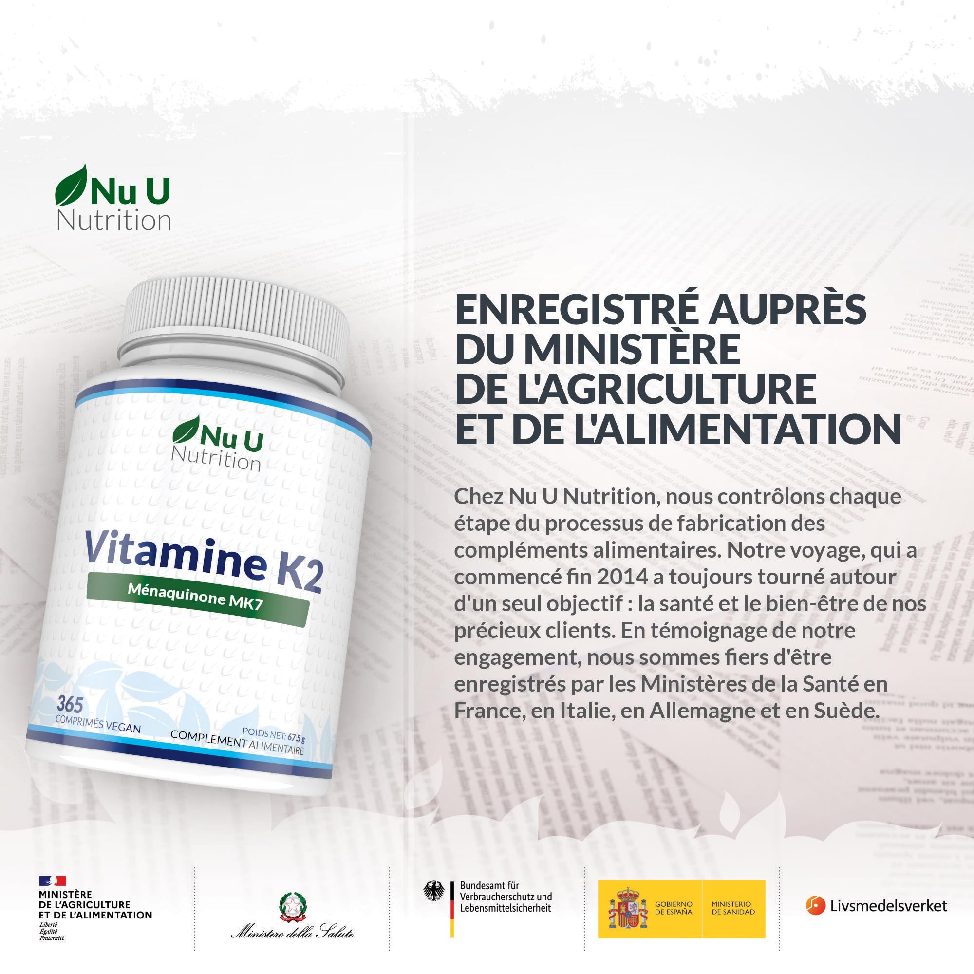 Vitamine K2 MK7 200mcg - 365 Comprimés Végétaliens - Vit K2 Ménaquinone MK7 Natto Trans-isomère - Un An d'Approvisionnement - Fabriqué en Europe - Nu U Nutrition