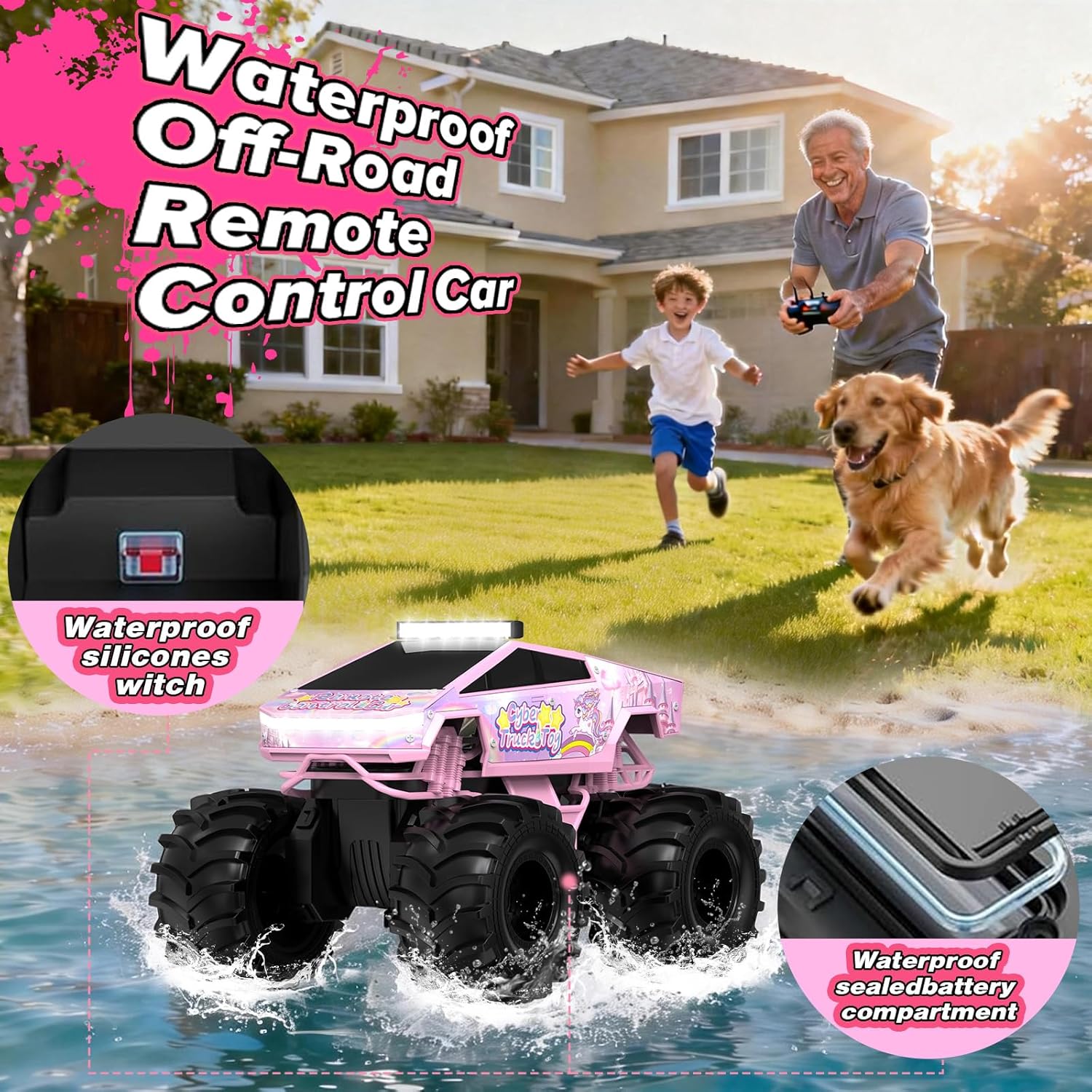 Cokzer Unicorn Cyber Truck Remote Control Car, 1:18 Girl Remote Control Car, 2.4 GHz Waterproof Amphibious RC Cars, 4WD All Terrain Off-Road Pickup for Girls Christmas Birthday Gifts Ages 6+ (Pink)