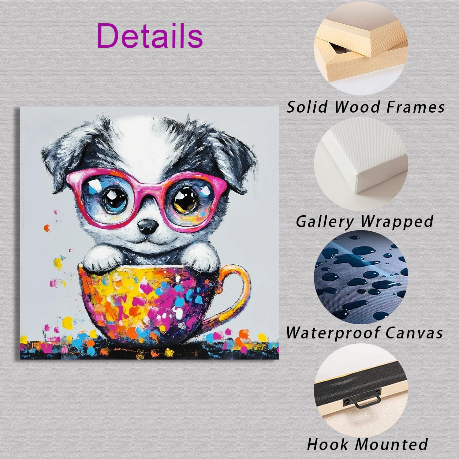 Ypxzzj Graffiti Cute Puppy in a Teacup Canvas Wall Art, Animal Dog Picture Prints, Cute Animal Poster Dog with Glasses, Living Room Bedroom Home Decor Framed Ready to Hang image 3