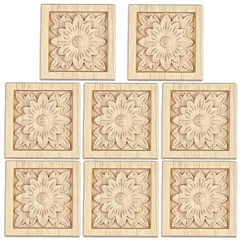 8Pcs Wood Square Appliques for Furniture, 2.4"x2.4" Carved Wooden Onlays