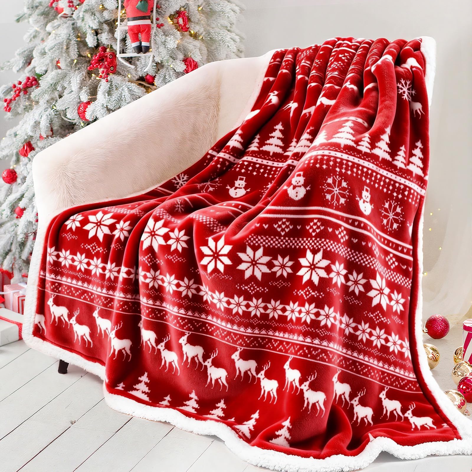 Red Sherpa Christmas Throw Blanket, Fuzzy Fluffy Soft Cozy Blanket, Fleece Flannel Plush Microfiber Blanket for Couch Bed Sofa (50" X 60", Red Reindeer)